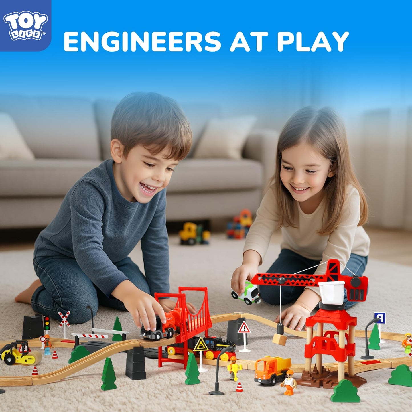 TOY Life Train Set 81pcs with Crane & Locomotive – Wooden Tracks for Toddlers 3-8