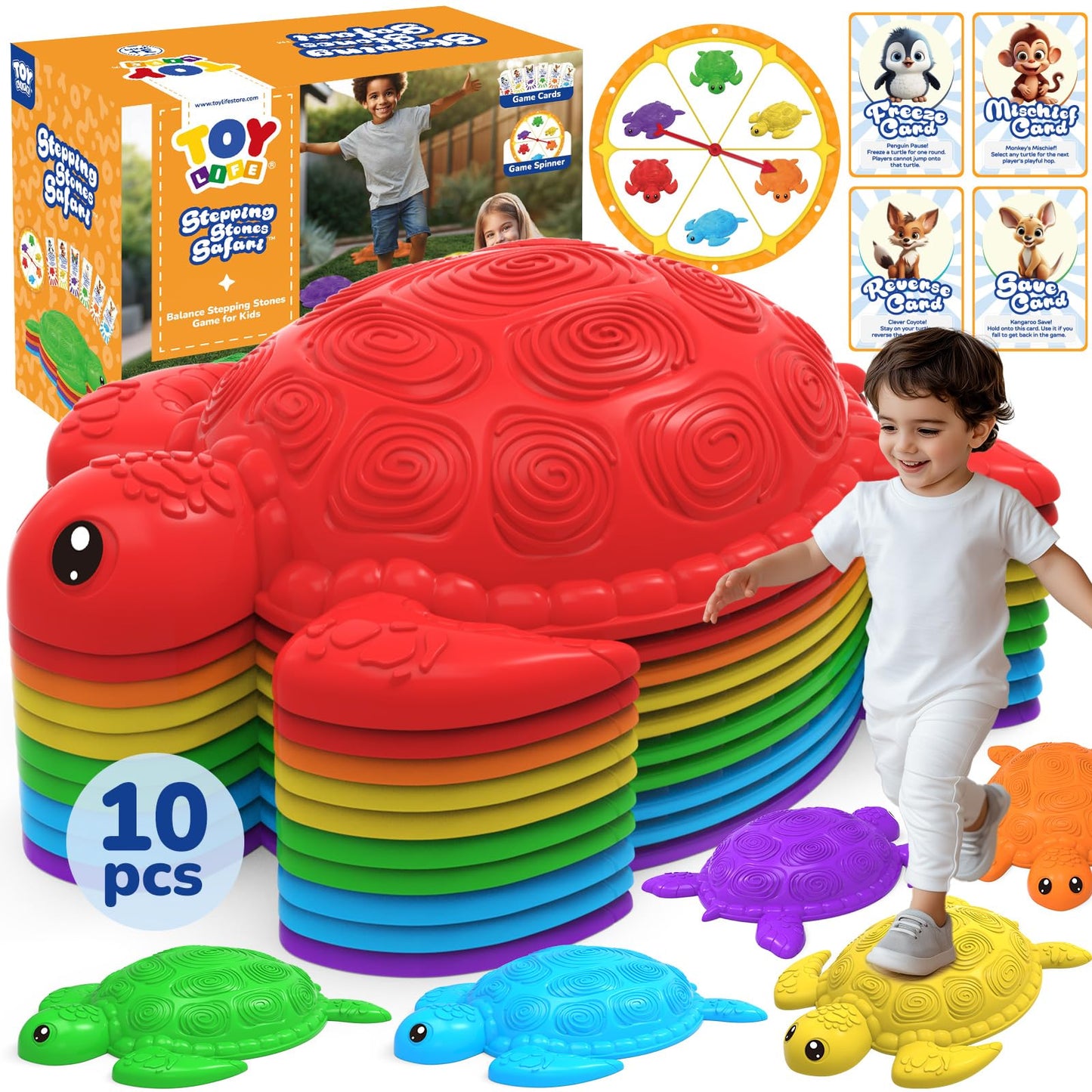 TOY Life 10 Pcs Turtle Balance Stepping Stones for Kids 4-8 – Indoor Outdoor Safari Game with Cards and Spinner