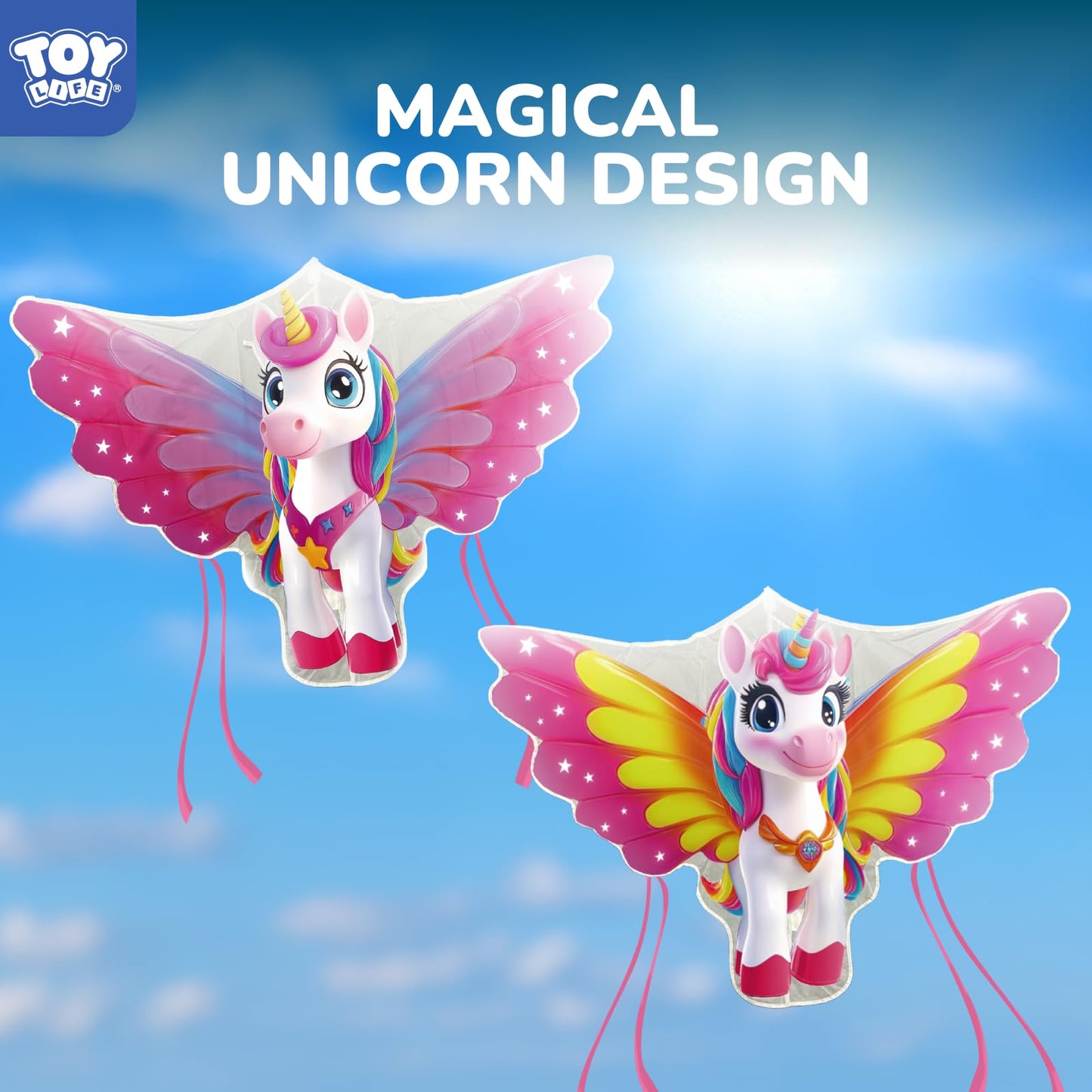 TOY Life 2 Pack 48.4'' Unicorn Kites — Easy To Fly for Kids & Adults with 328.1 ft String