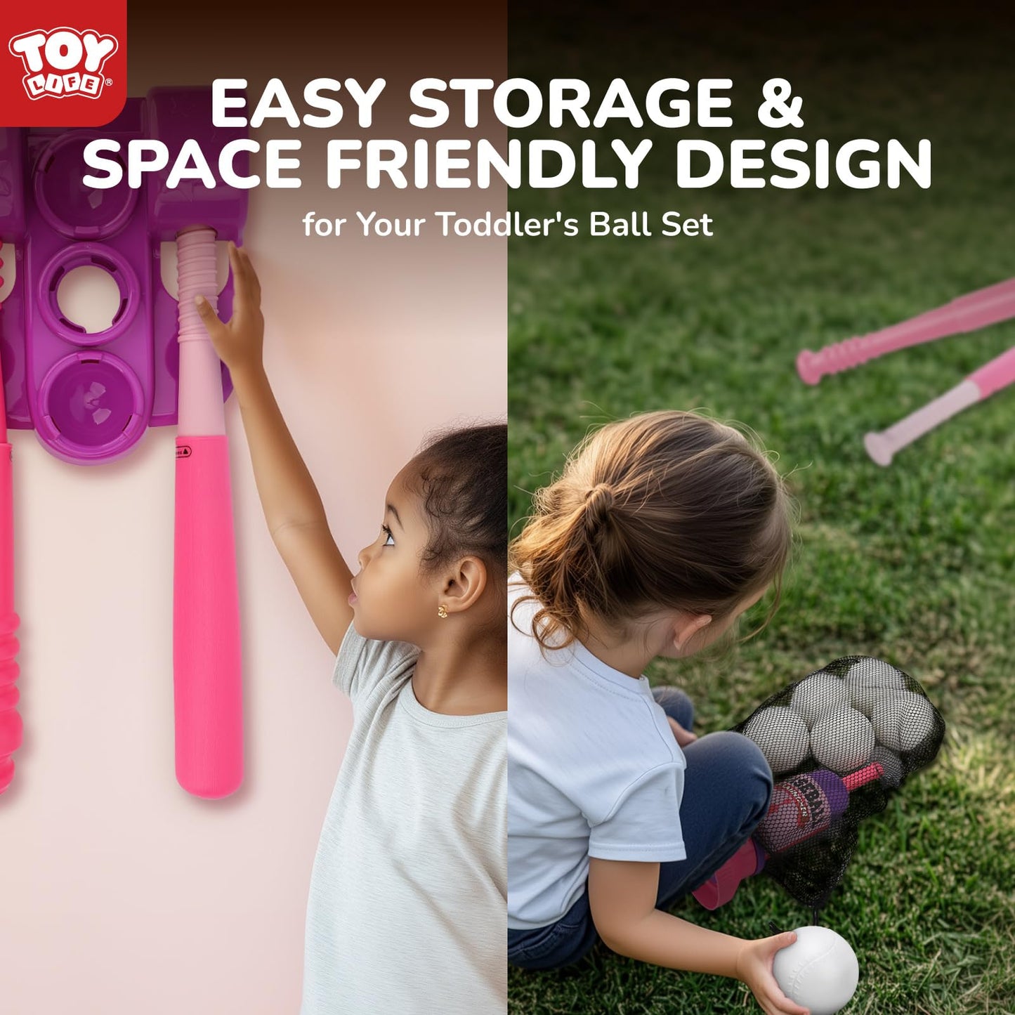 TOY Life T Ball Set for Kids 3-5 | Tee Ball with Launcher & 6 Balls - Pink