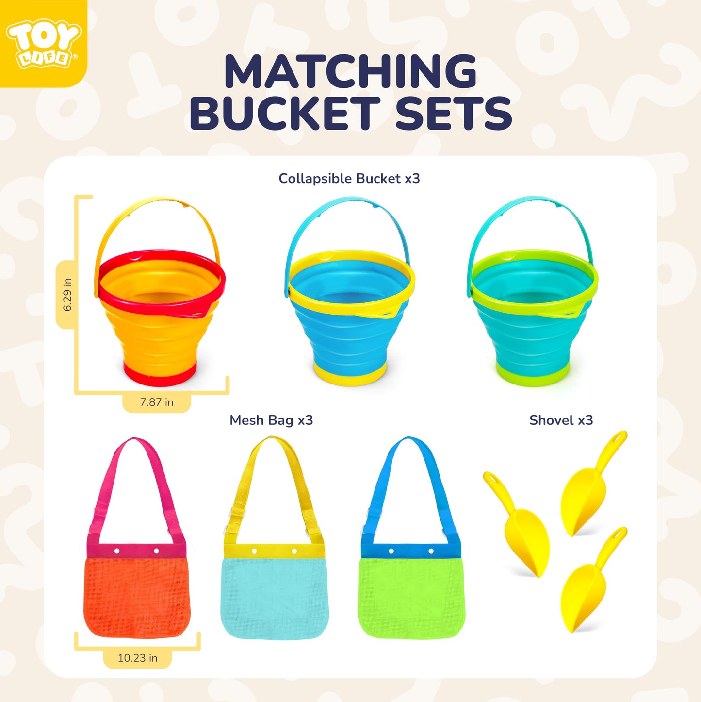 TOY Life Collapsible Beach Bucket Set – 3 Silicone Buckets, Shovels & Shell Bags