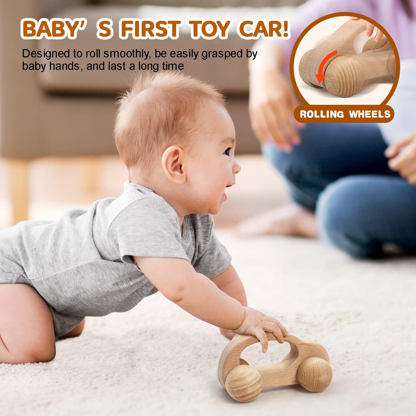 TOY Life Wooden Toy Cars | Montessori Baby Toys for 6-12 Months | Natural Wood Rattle Cars