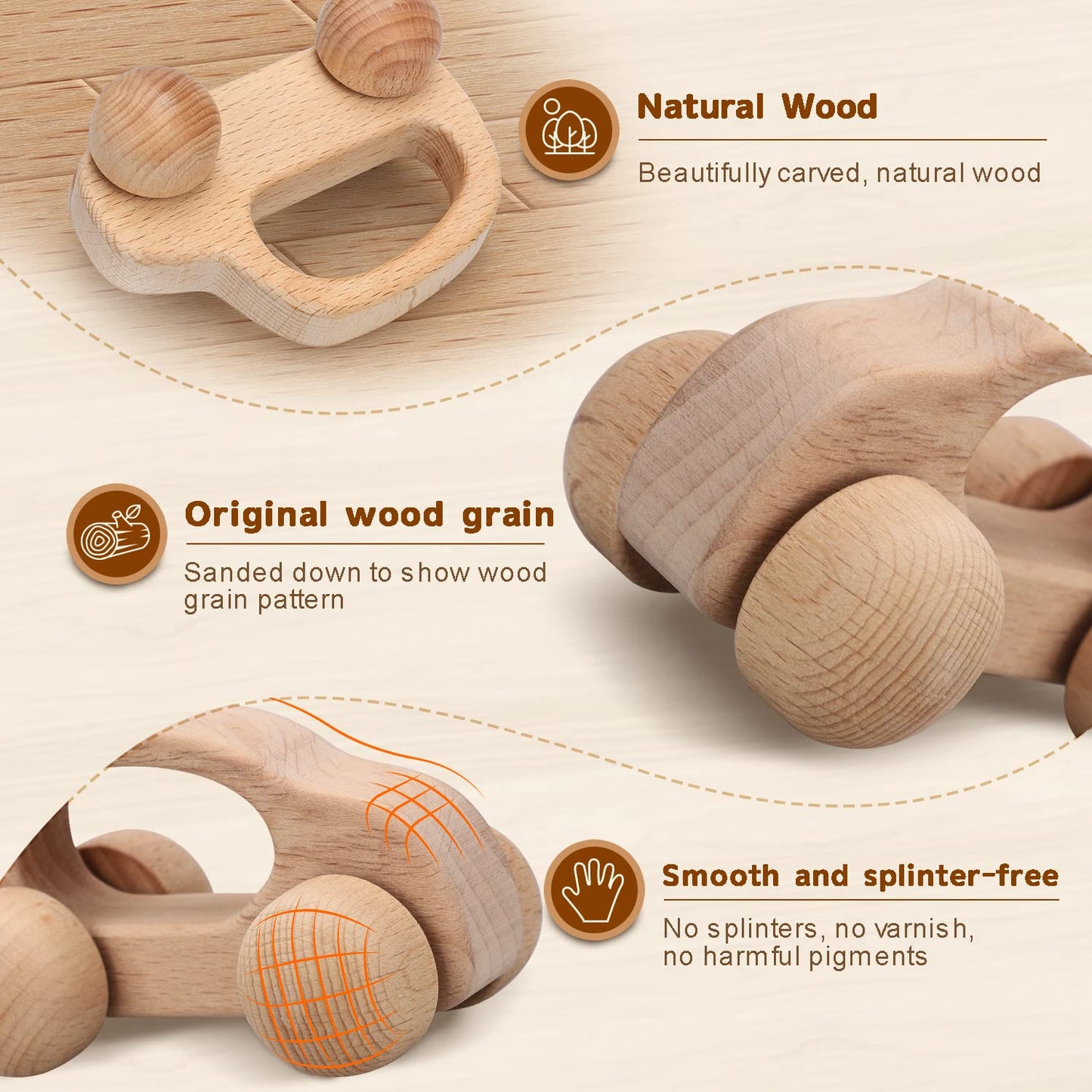 TOY Life Wooden Toy Cars | Montessori Baby Toys for 6-12 Months | Natural Wood Rattle Cars