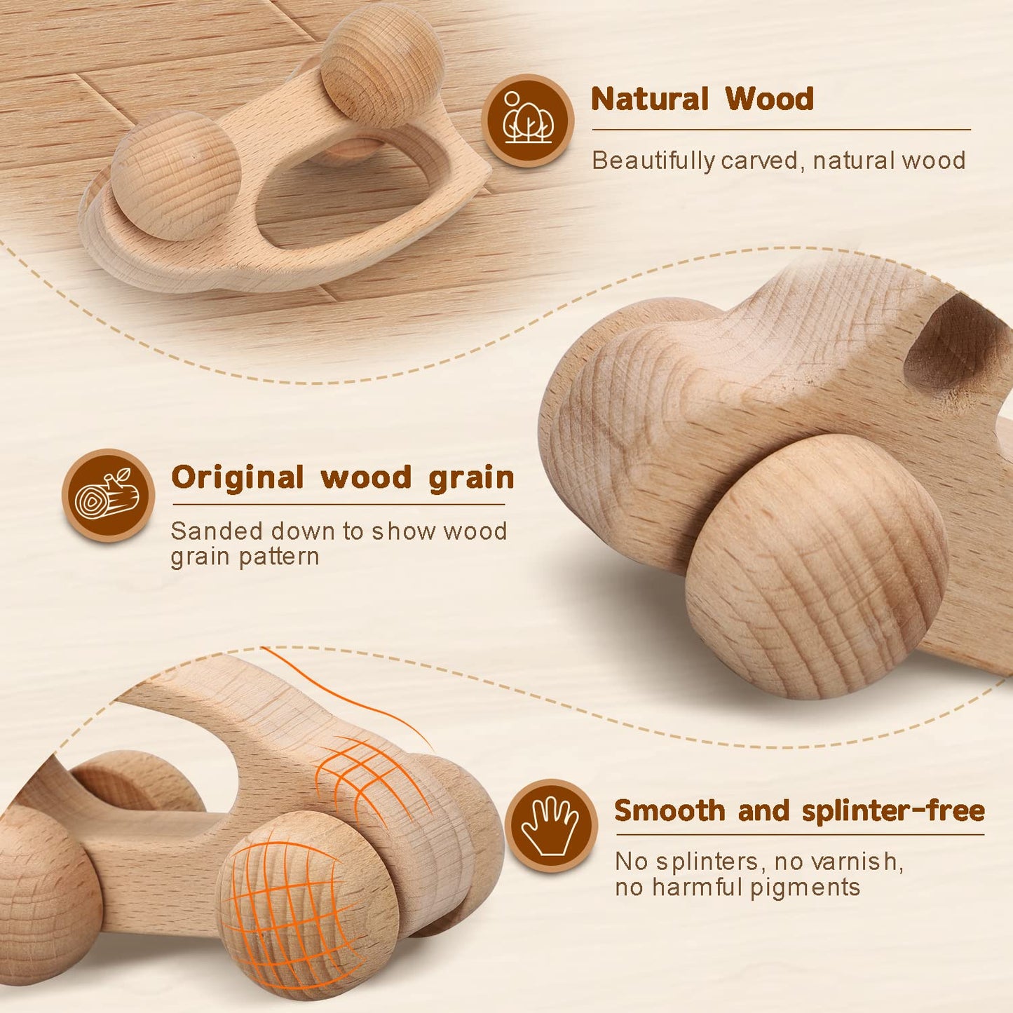 TOY Life Wooden Cars – Montessori Push-Pull Rattle Toys for Babies 0-3 Years