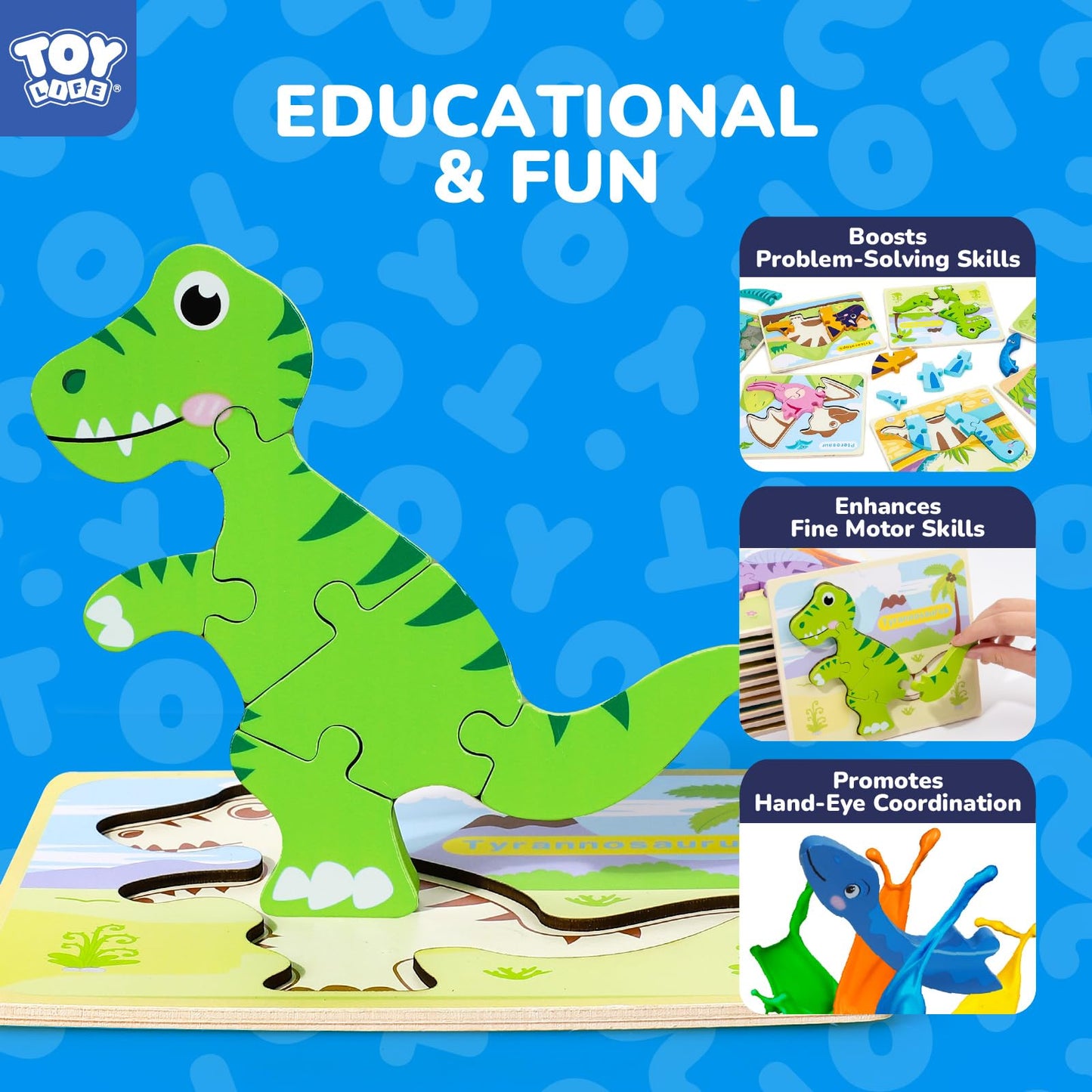 TOY Life 7-Piece Dinosaur Wooden Puzzles for Toddlers | Ages 2-5 | Educational Toys