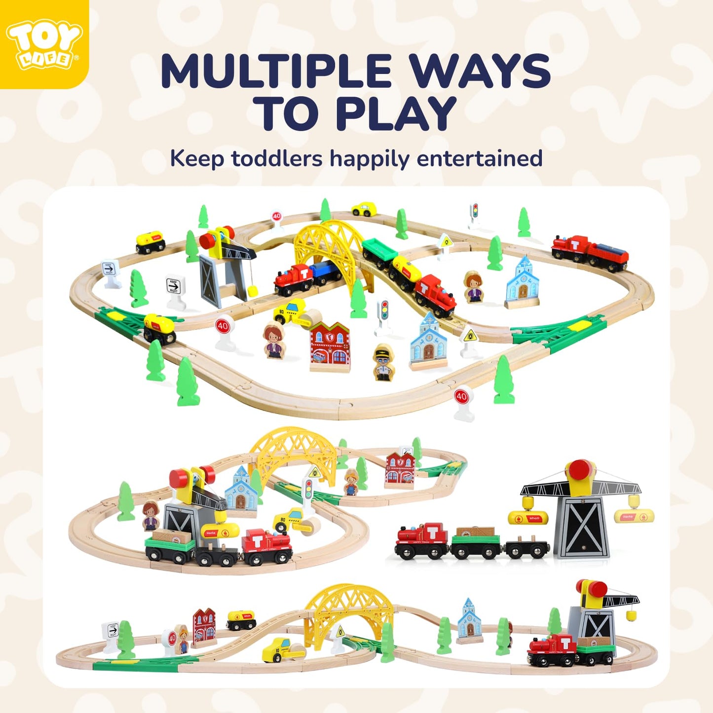 TOY Life Wooden Train Set 60pcs with Magnetic Crane – Compatible with Brio, Thomas & More