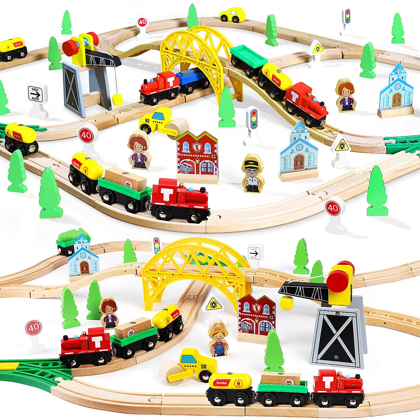TOY Life Wooden Train Set 60pcs with Magnetic Crane – Compatible with Brio, Thomas & More