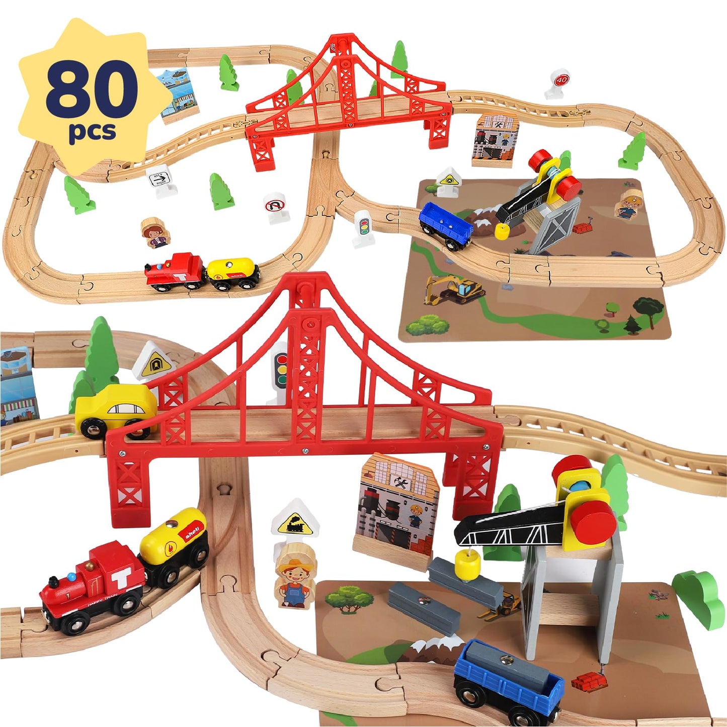 TOY Life Wooden Train Set 80pcs with Magnetic Crane – Compatible with Thomas & Brio