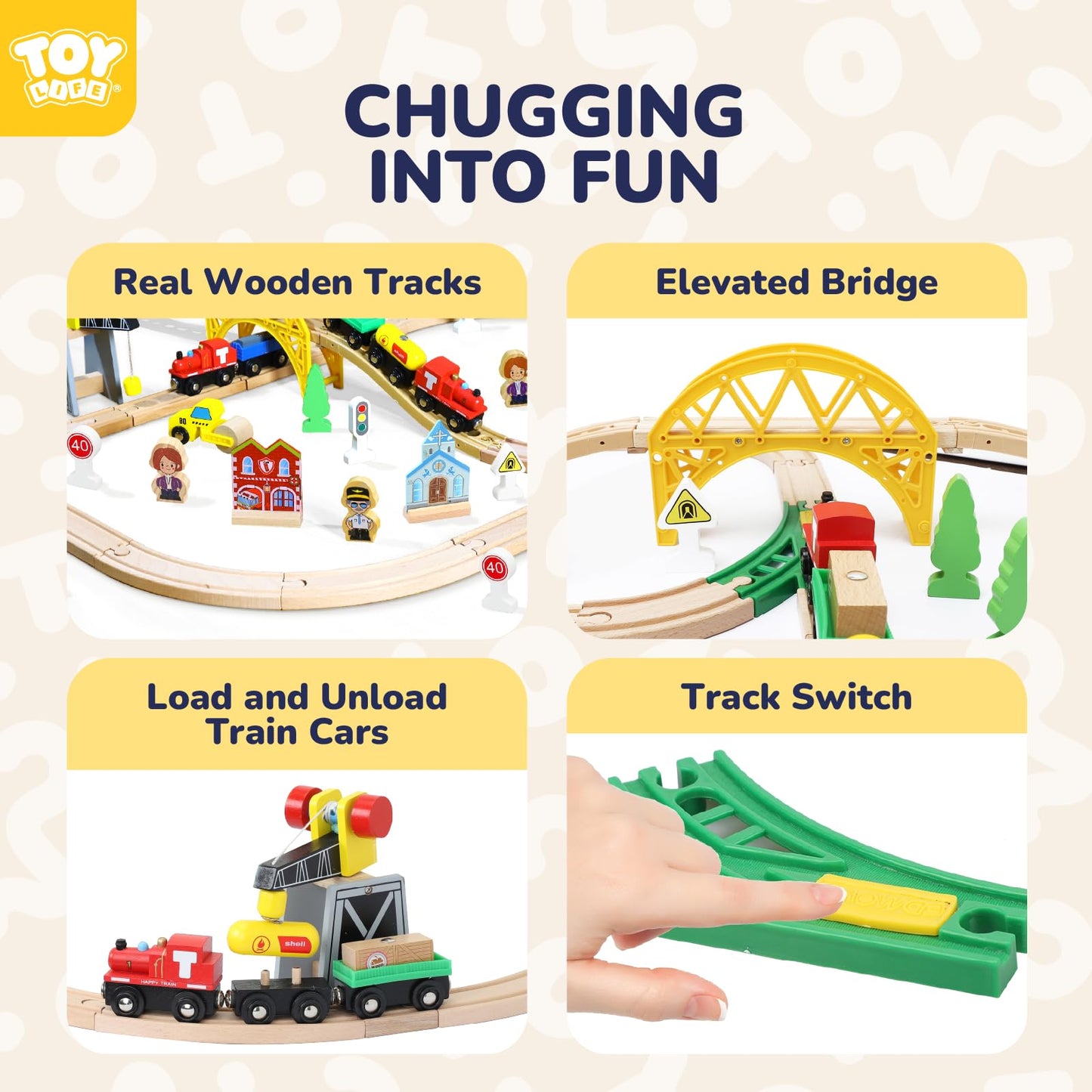 TOY Life Wooden Train Set 60pcs with Magnetic Crane – Compatible with Brio, Thomas & More