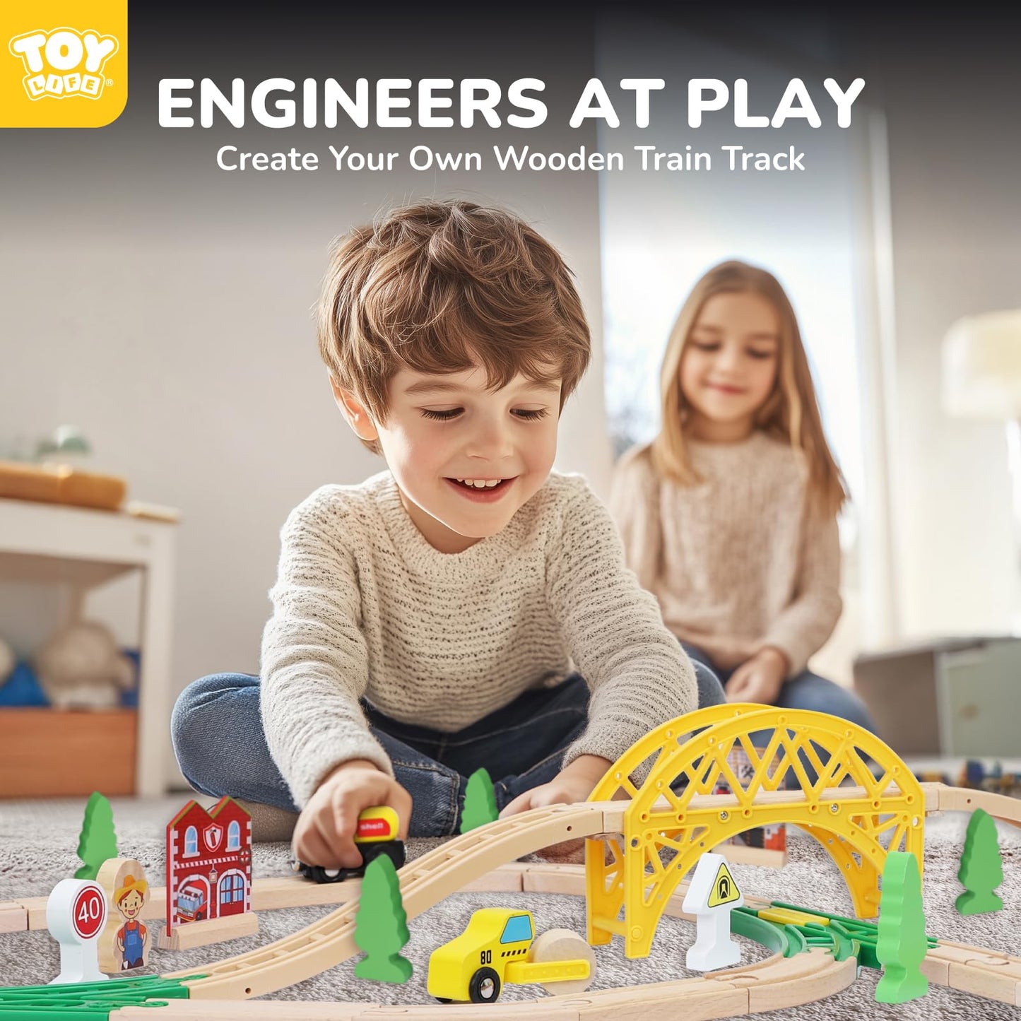 TOY Life Wooden Train Set 60pcs with Magnetic Crane – Compatible with Brio, Thomas & More