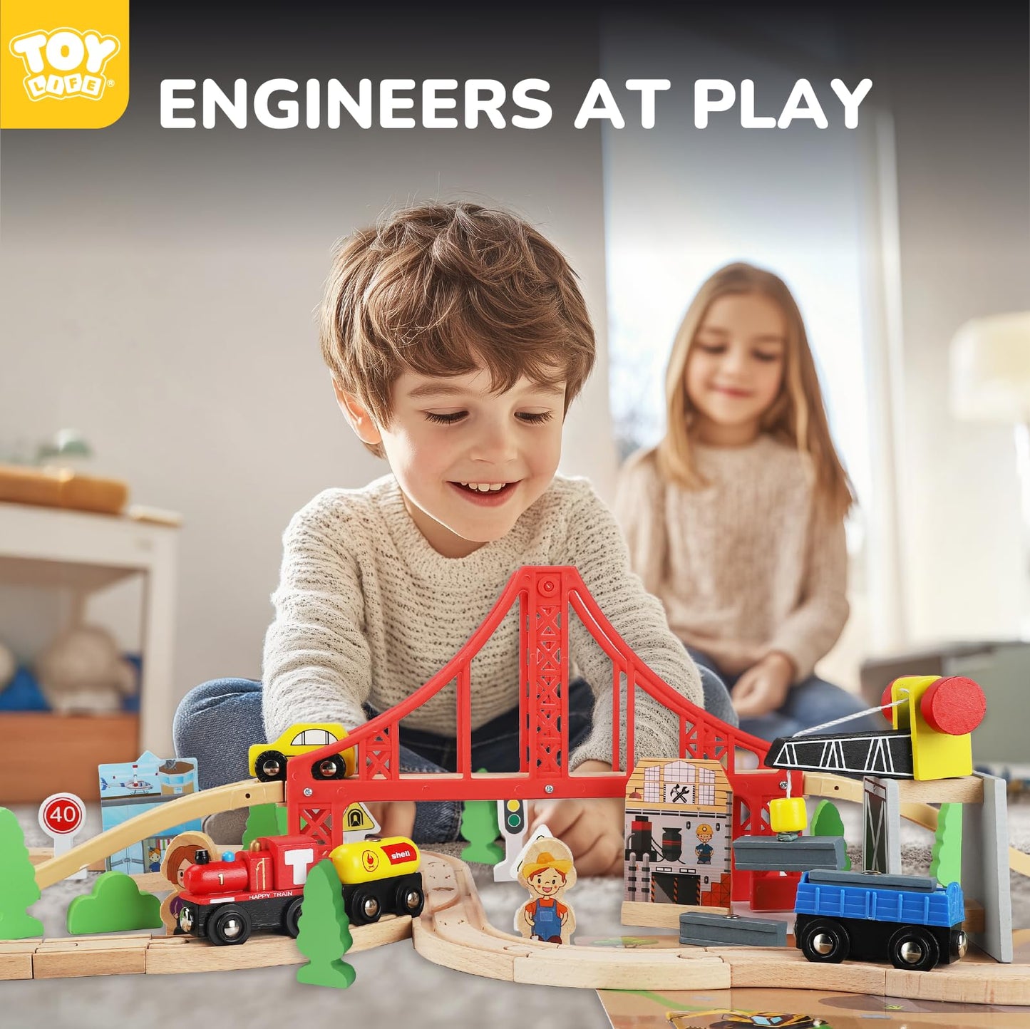 TOY Life Wooden Train Set 80pcs with Magnetic Crane – Compatible with Thomas & Brio
