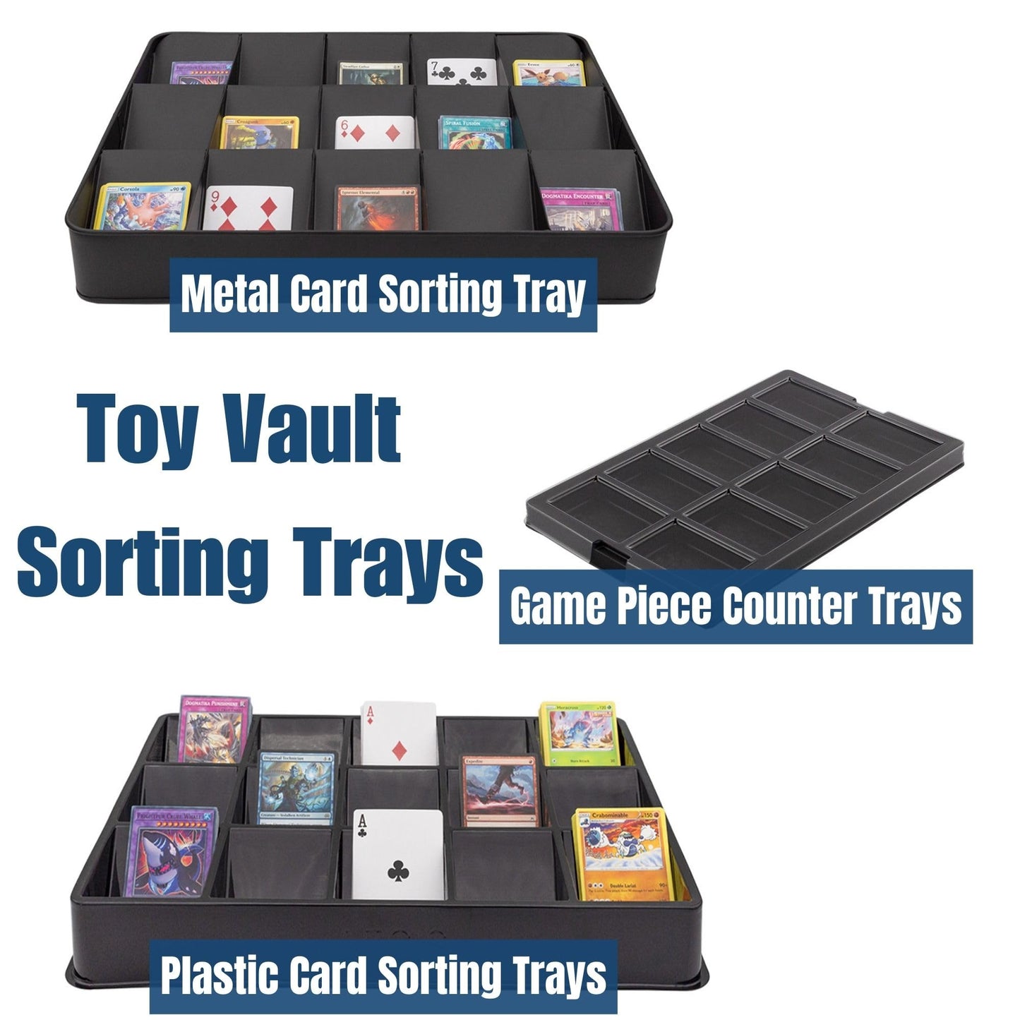 Toy Vault Trading Card Sorting Trays & Dealer Trays – 3-Pack, 15-Slot (Large Black Organizer)