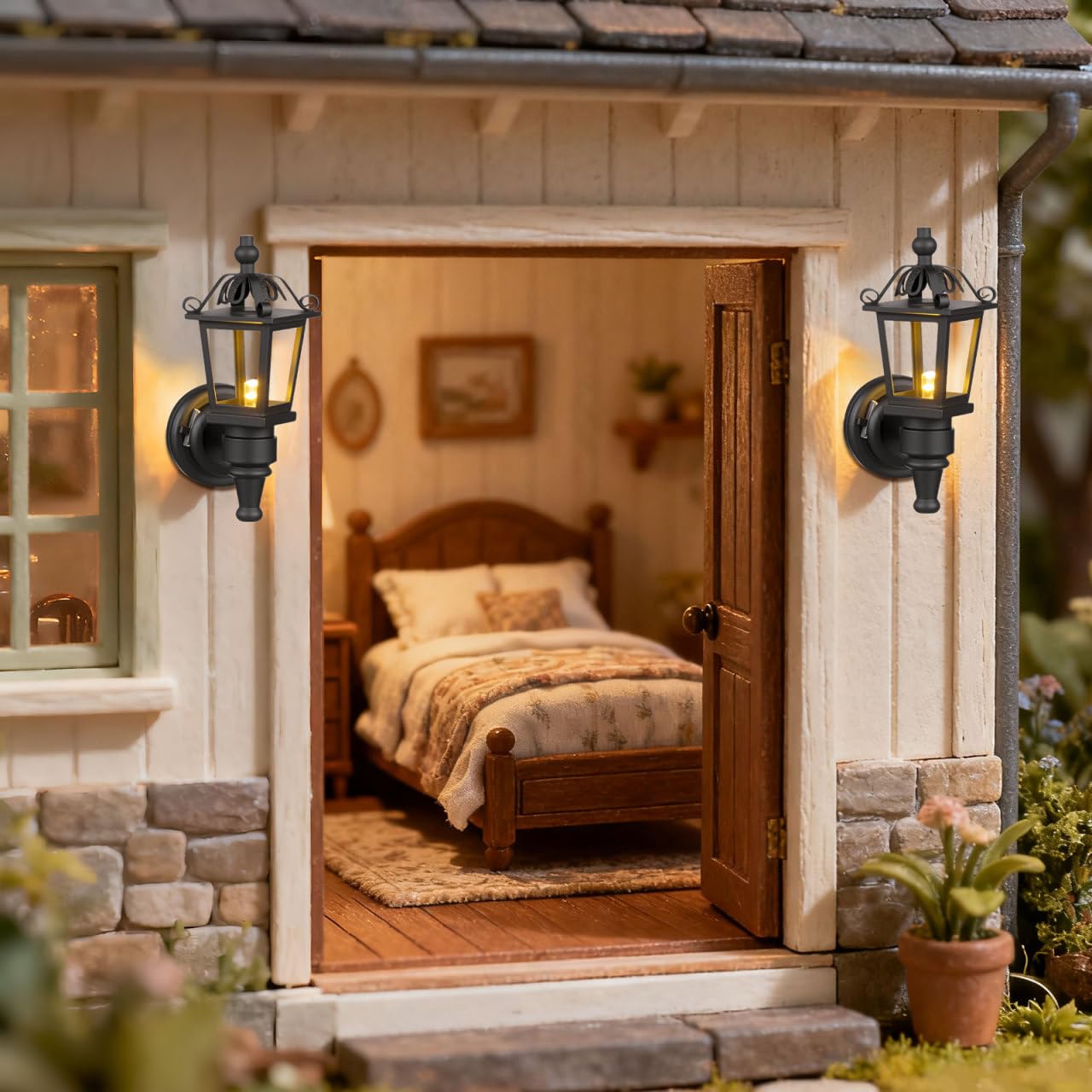 TOYANDONA 2-Pack Dollhouse LED Wall Sconces - 1:12 Scale, Battery-Operated, Black