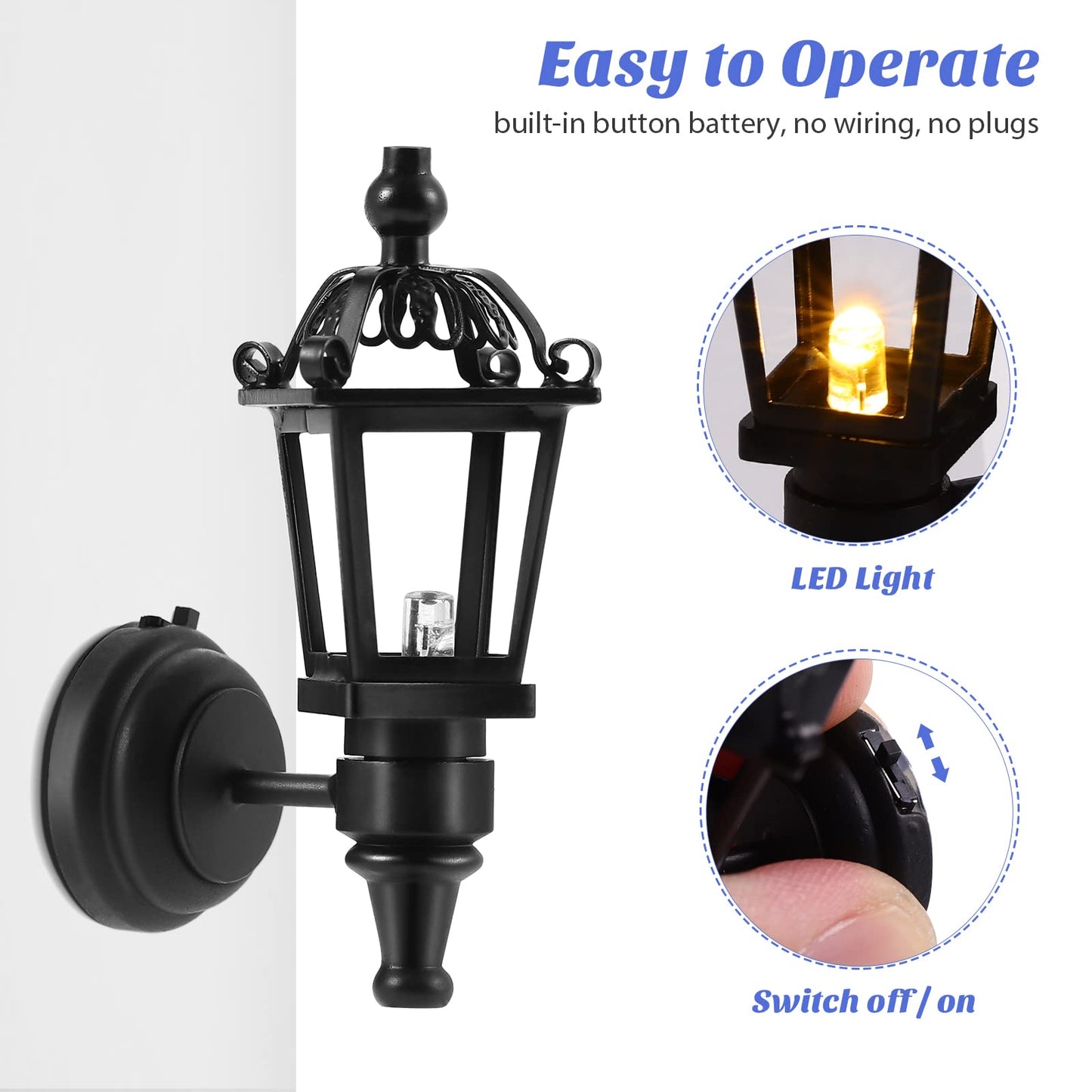 TOYANDONA 2-Pack Dollhouse LED Wall Sconces - 1:12 Scale, Battery-Operated, Black