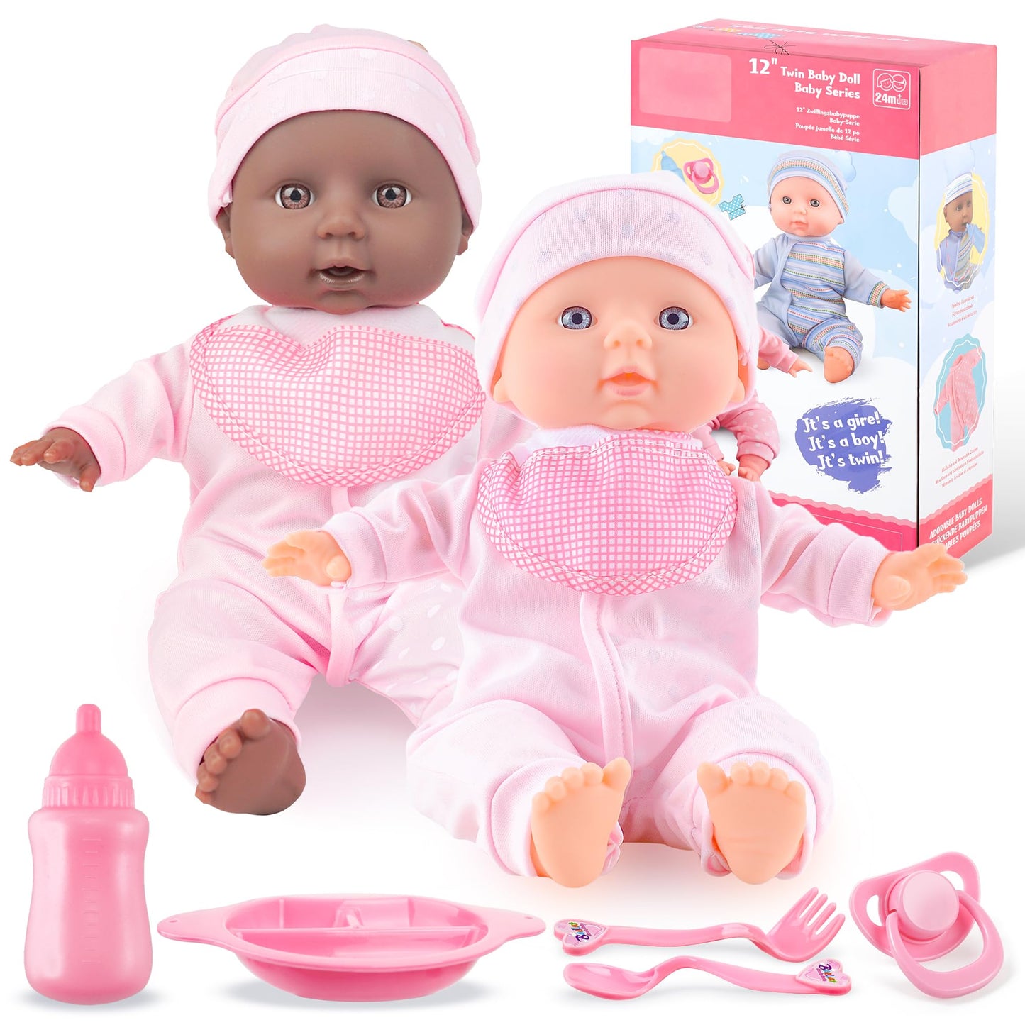 Toy Choi's Twin Baby Dolls - 12in Soft Body Play Set with Accessories | Pink Outfit