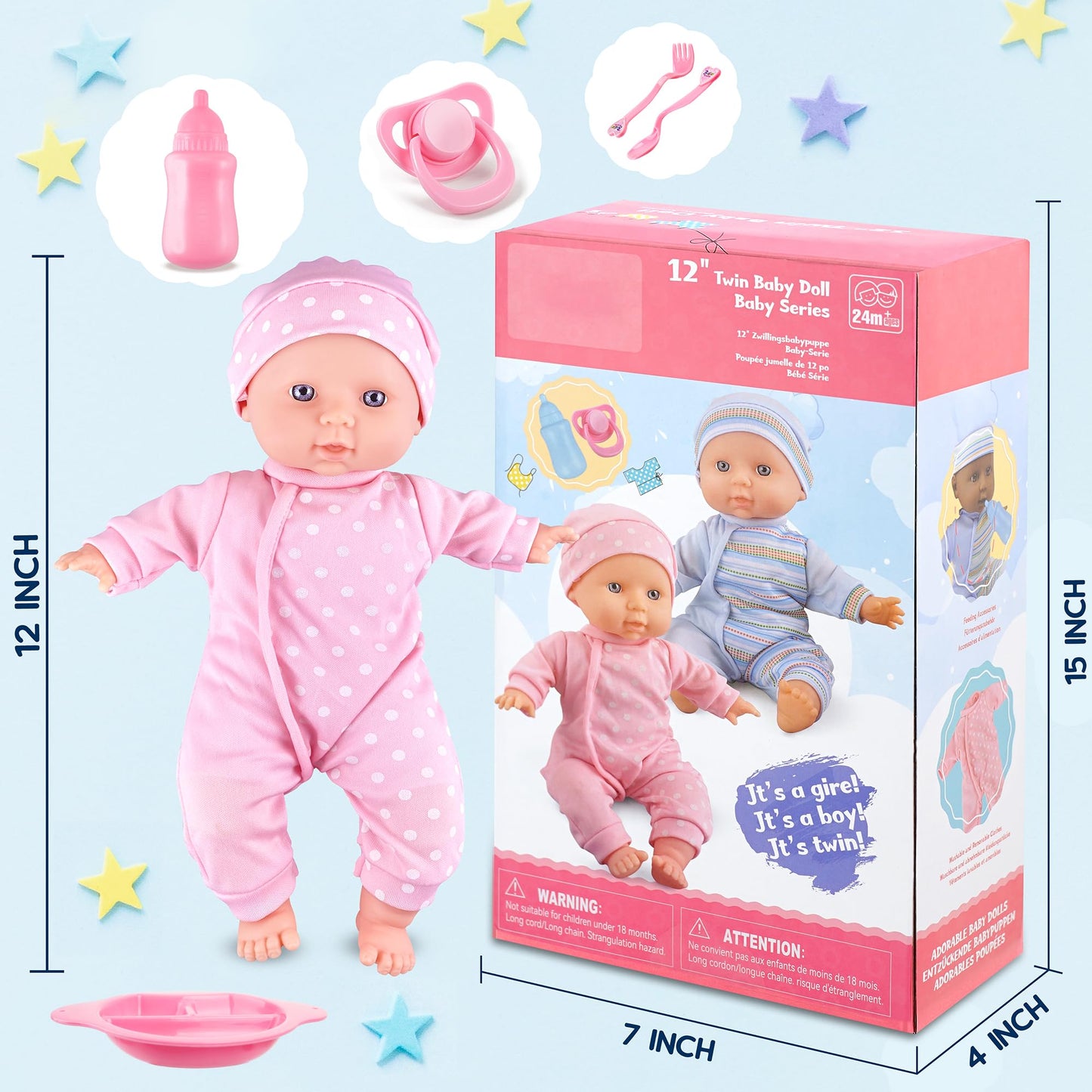 Toy Choi's Twin Baby Dolls - 12in Soft Body Play Set with Accessories | Pink Outfit