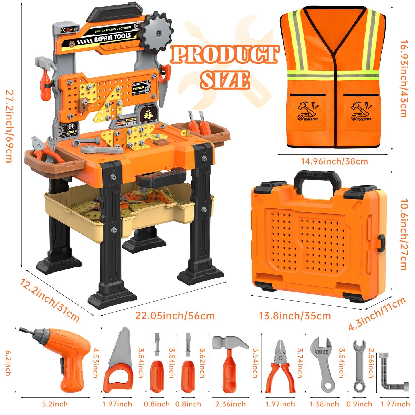 Toycost Kids Tool Bench Set with Electric Drill & Vest – Toddler Workbench for Ages 3–5