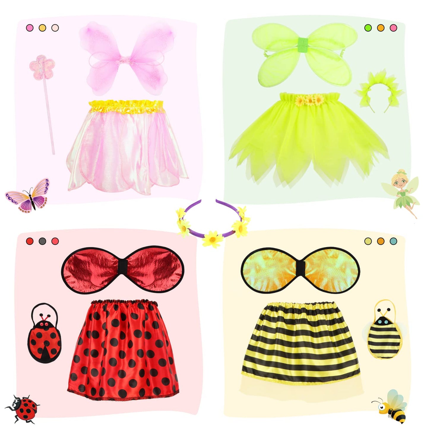 Toycost Girls Princess Dress Up Trunk – Ladybug, Bee, Butterfly & Green Fairy Costumes (Ages 3-7)
