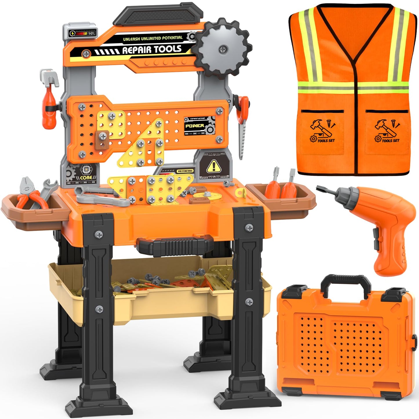 Toycost Kids Tool Bench Set with Electric Drill & Vest – Toddler Workbench for Ages 3–5