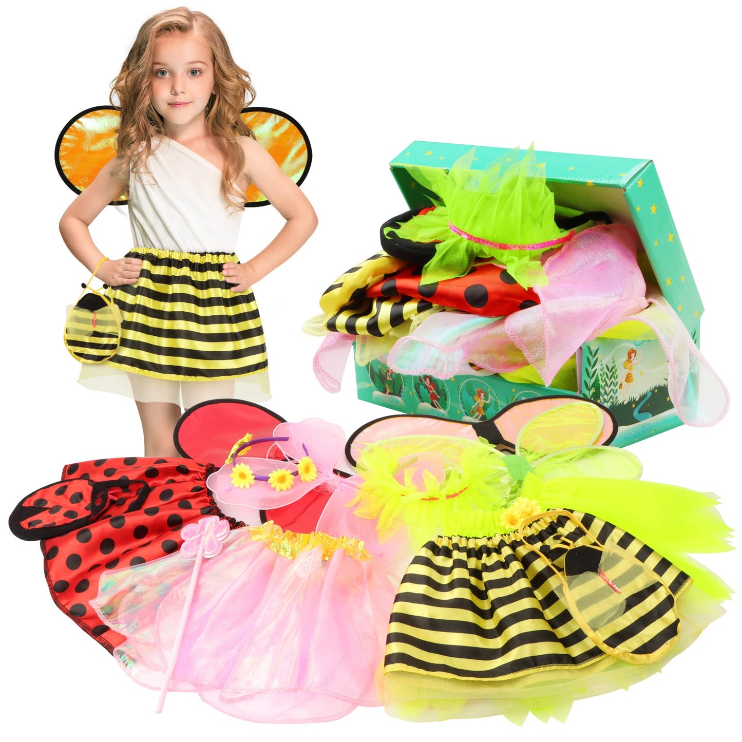 Toycost Girls Princess Dress Up Trunk – Ladybug, Bee, Butterfly & Green Fairy Costumes (Ages 3-7)