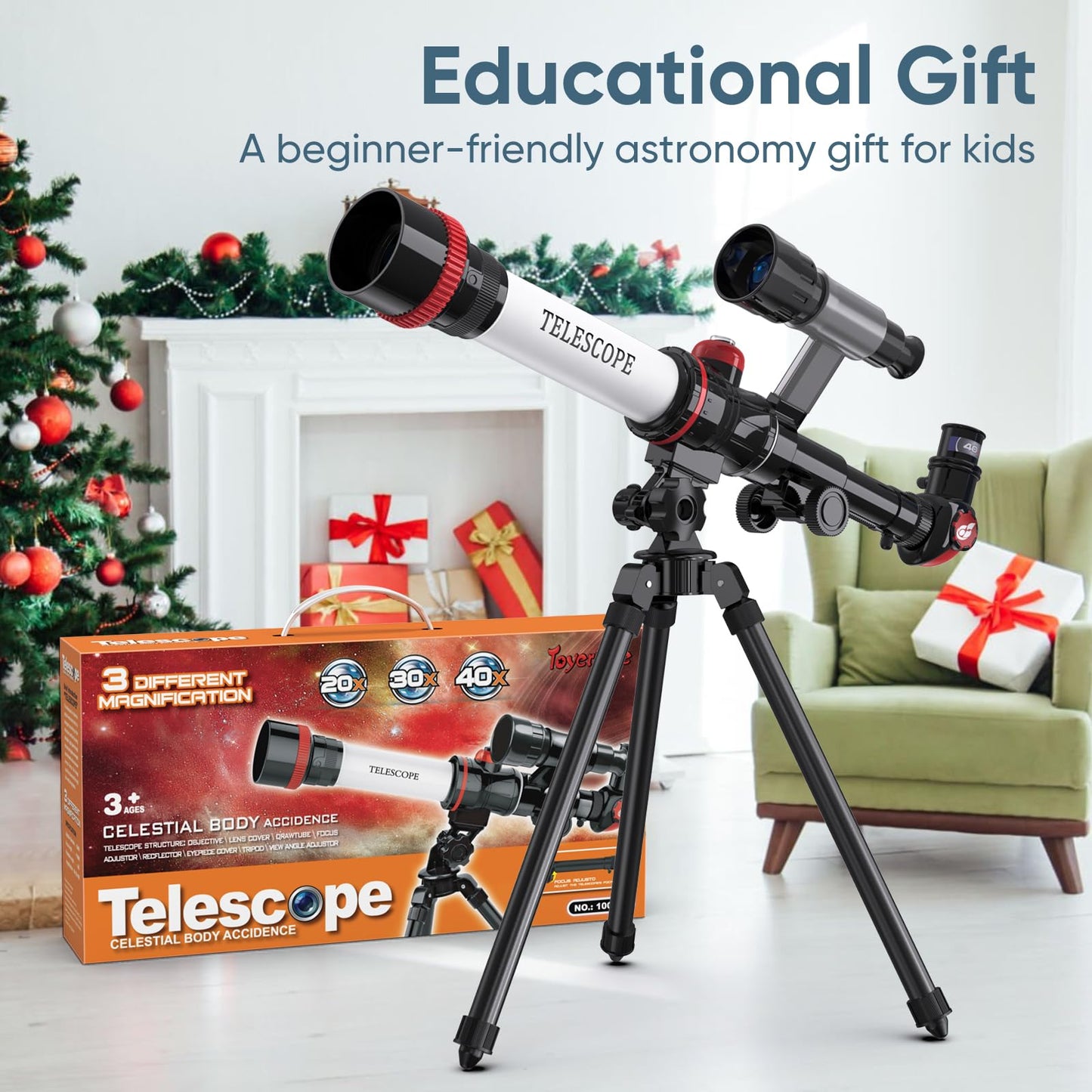 ToyerBee Kids Telescope – 20X/30X/40X Eyepieces, Compass & Tripod | STEM Toy for Ages 8-12