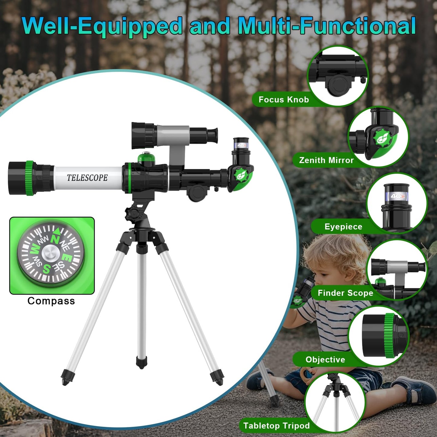 ToyerBee Kids Telescope — Portable 3-Eyepiece Space Toy with Compass