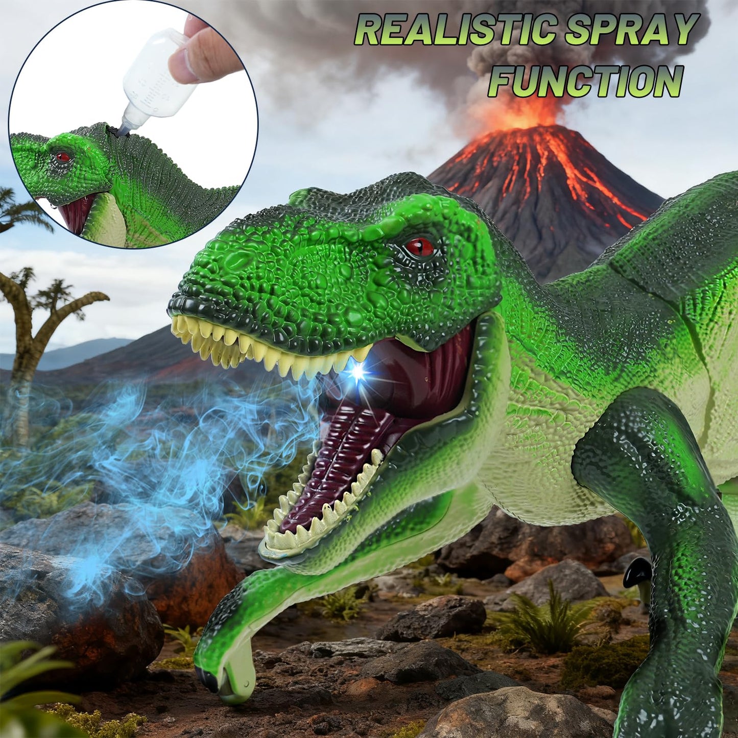 ToyFuntasy RC Dinosaur Toy for Kids – Interactive Walking Dino with Lights, Mist, Roar (Olive Green)