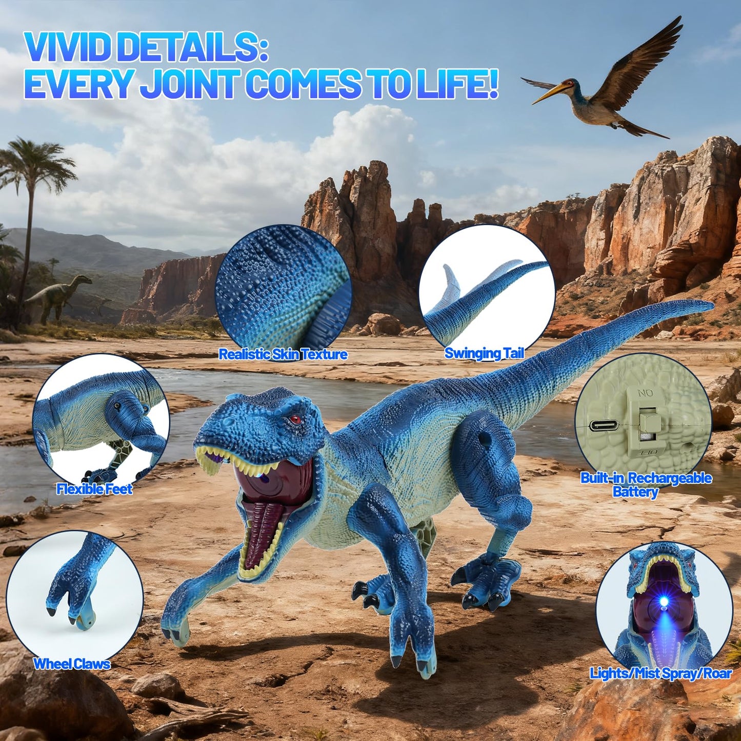 ToyFuntasy Remote Control Dinosaur – Blue Walking Dino with Roar, Lights & Mist | For Ages 3–12