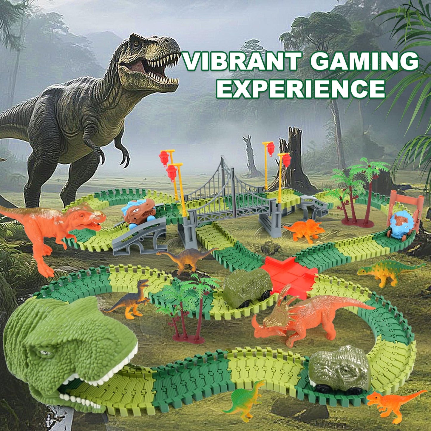 ToyFuntasy Dinosaur Track Toys – Flexible Track Set with Lights & Sounds for 3–7 Year Olds
