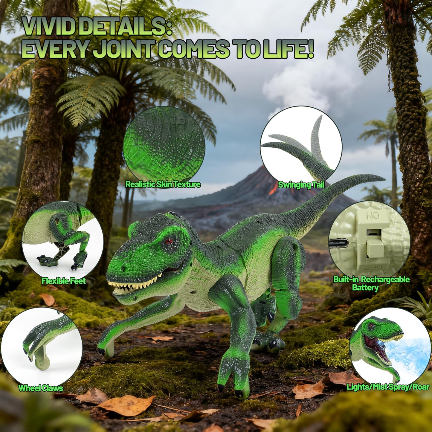 ToyFuntasy RC Dinosaur Toy for Kids – Interactive Walking Dino with Lights, Mist, Roar (Olive Green)