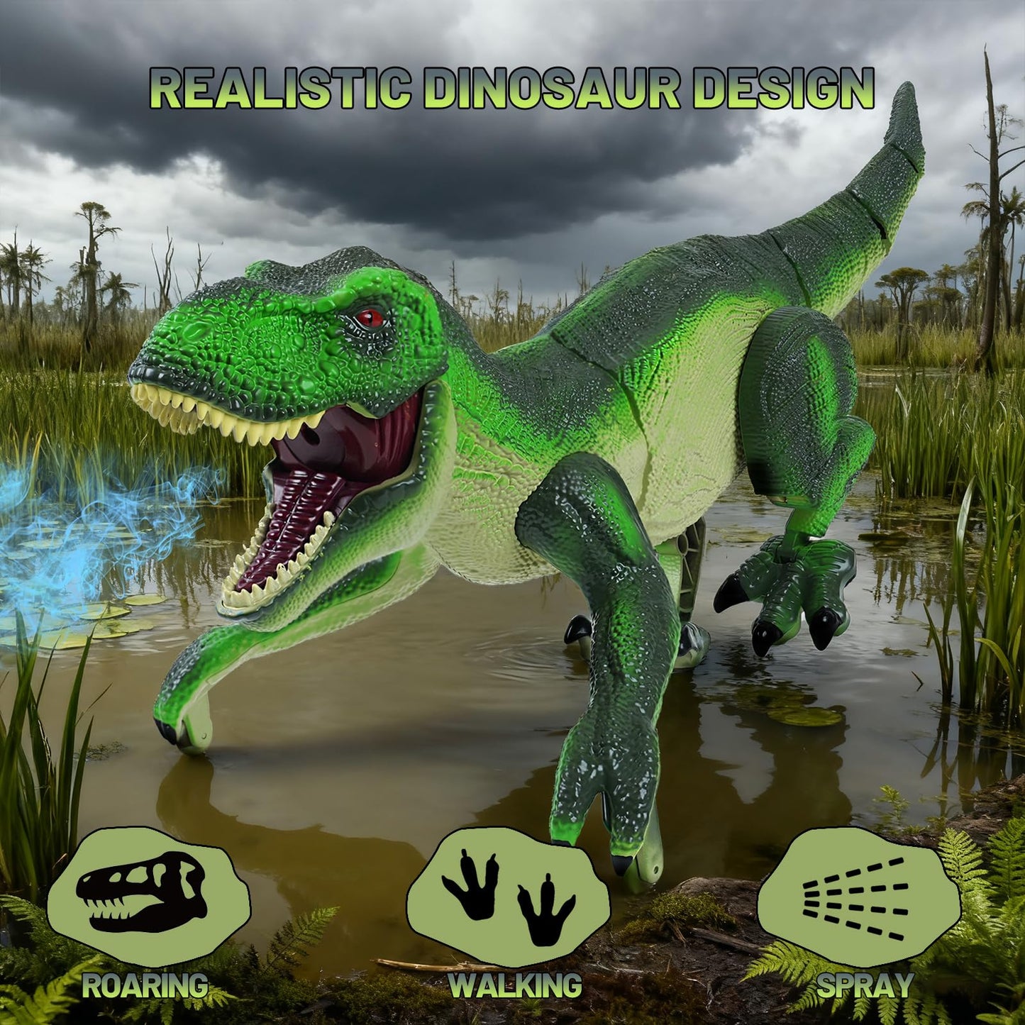 ToyFuntasy RC Dinosaur Toy for Kids – Interactive Walking Dino with Lights, Mist, Roar (Olive Green)