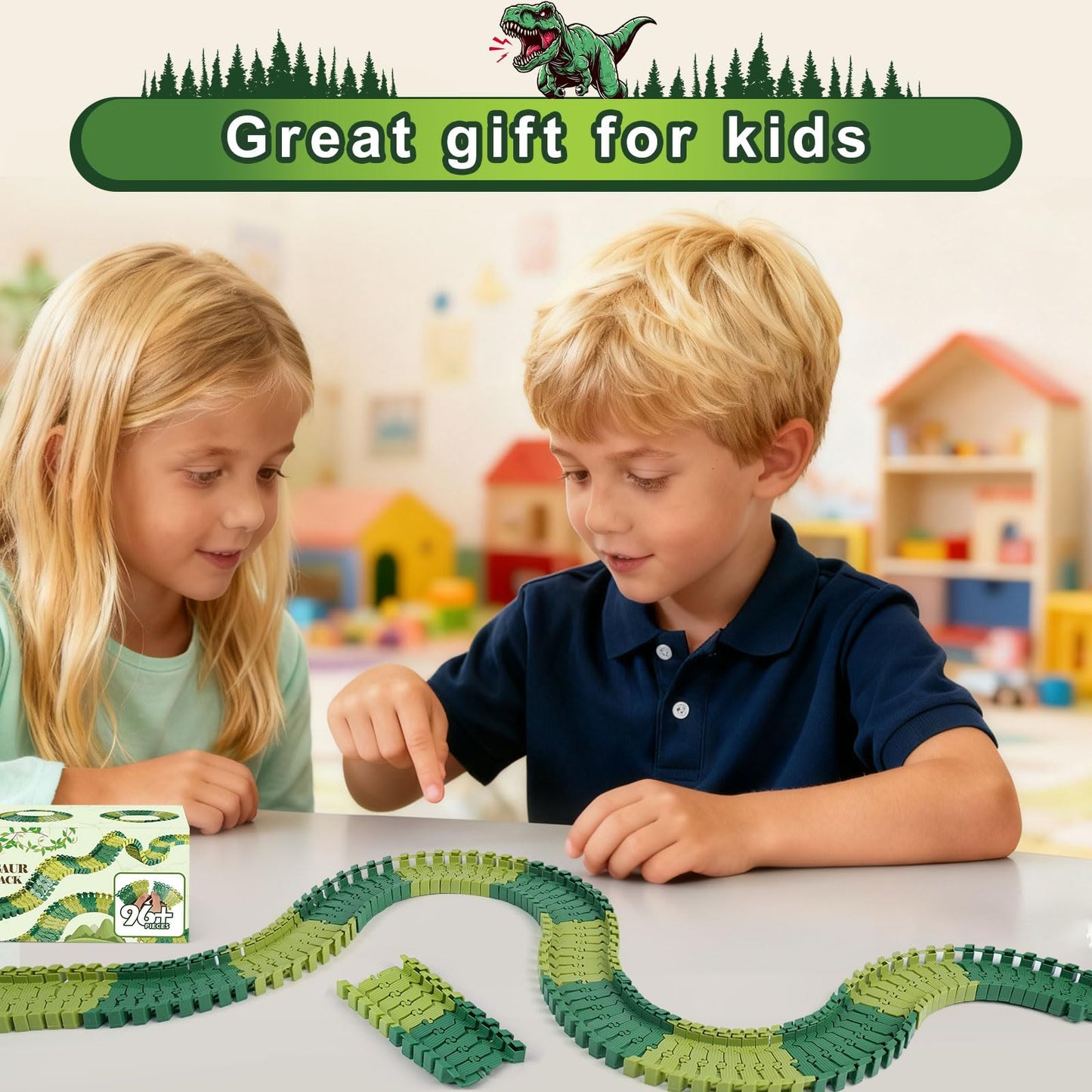 ToyFuntasy 96 Pcs Dinosaur Track Expansion Kit — Flexible, Easy-Build Dino Track for Kids Aged 3–7