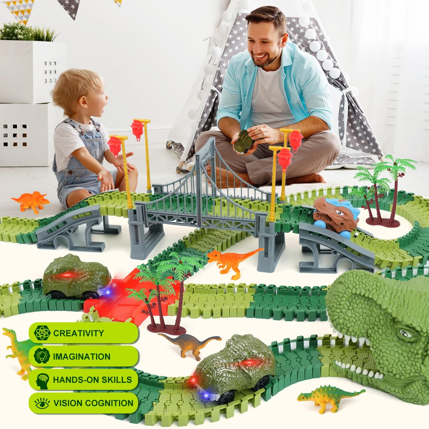 ToyFuntasy Dinosaur Track Toys – Flexible Track Set with Lights & Sounds for 3–7 Year Olds