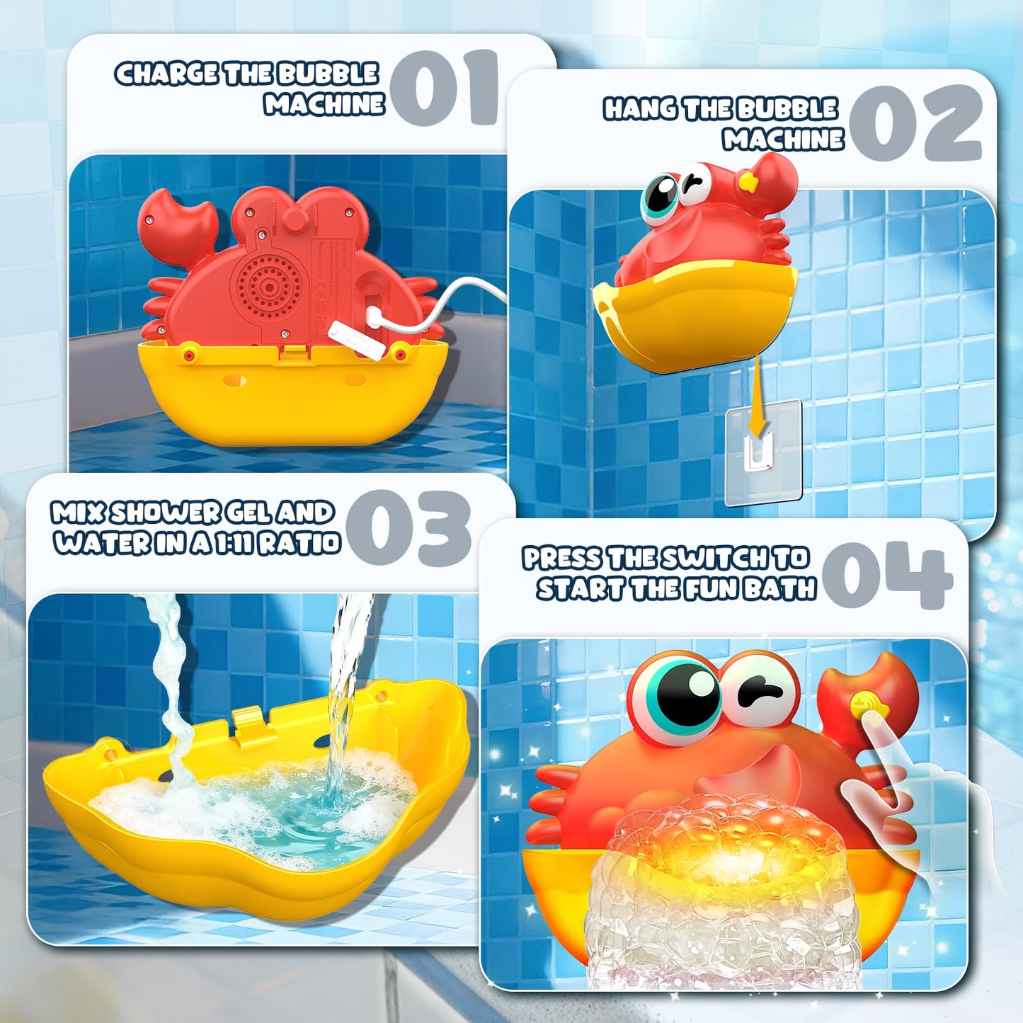 Toyjolka Light-Up Crab Bubble Bath Toy for Toddlers 1-3 | Colorful LED Bath Time