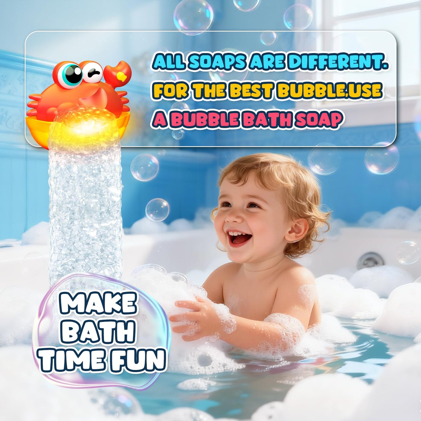 Toyjolka Light-Up Crab Bubble Bath Toy for Toddlers 1-3 | Colorful LED Bath Time