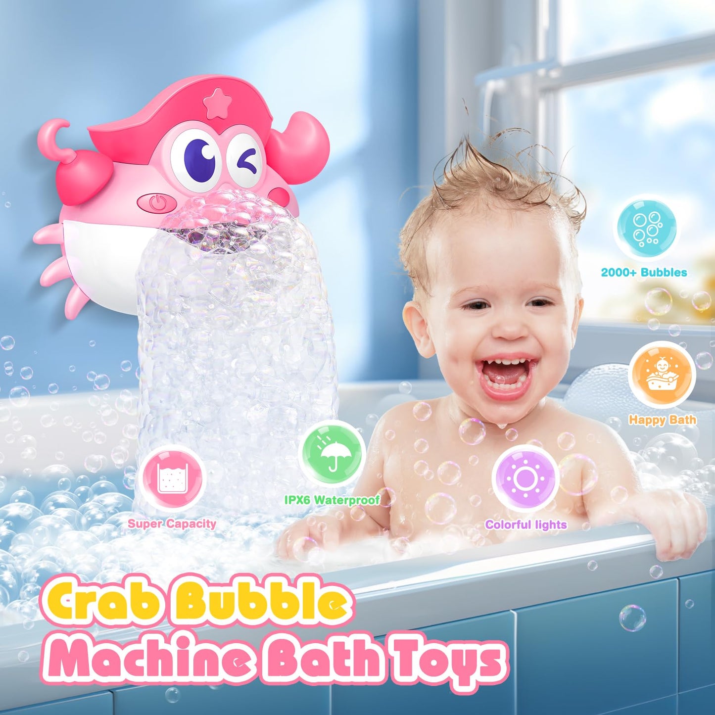 Toyjolka Light-Up Crab Bath Bubble Maker — Colorful LED Bath Toy for Kids Ages 1-8