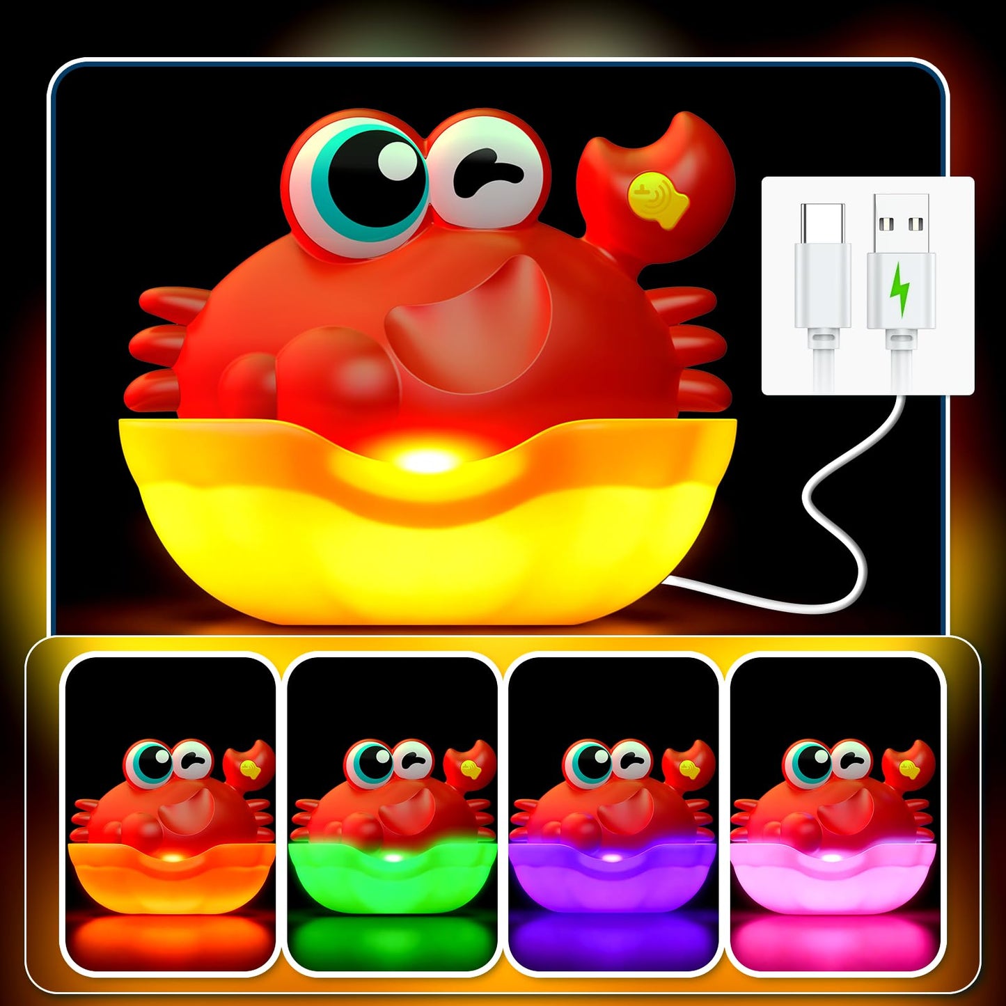 Toyjolka Light-Up Crab Bubble Bath Toy for Toddlers 1-3 | Colorful LED Bath Time