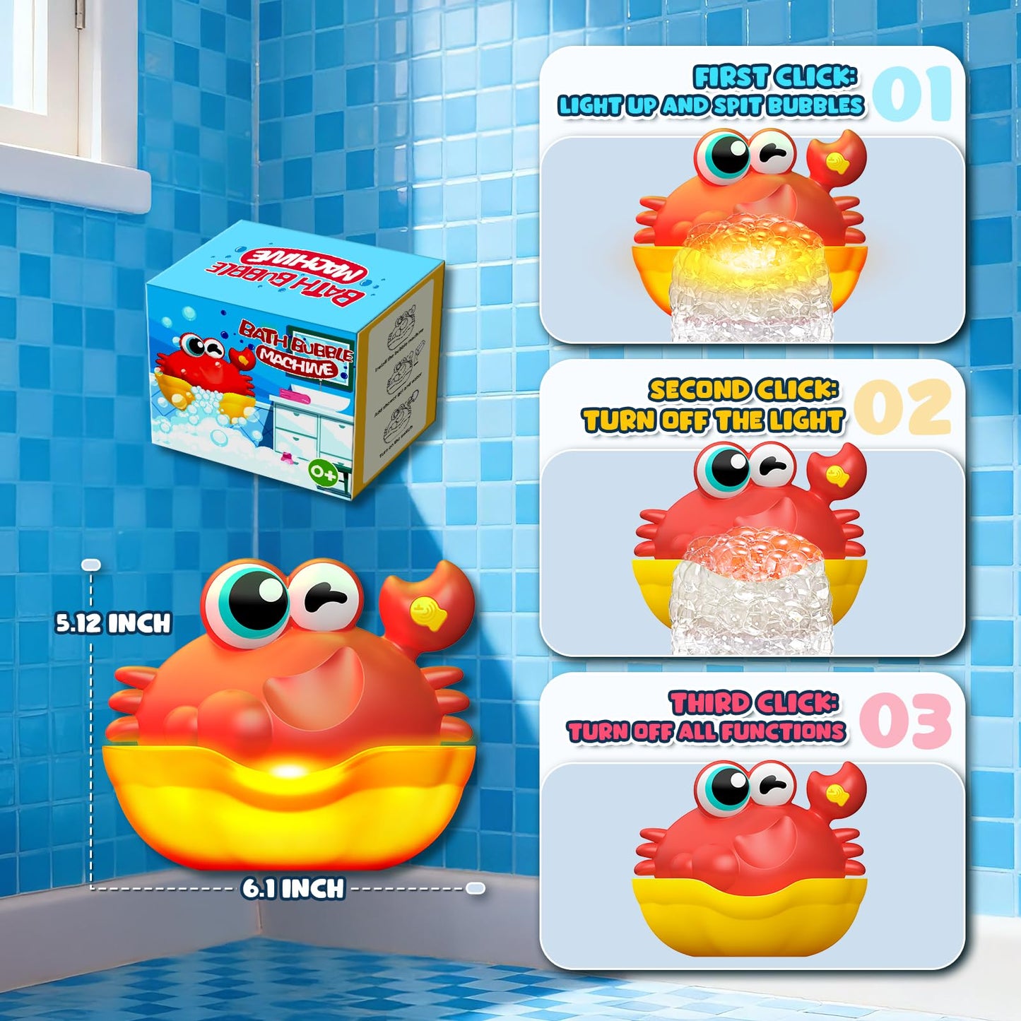 Toyjolka Light-Up Crab Bubble Bath Toy for Toddlers 1-3 | Colorful LED Bath Time