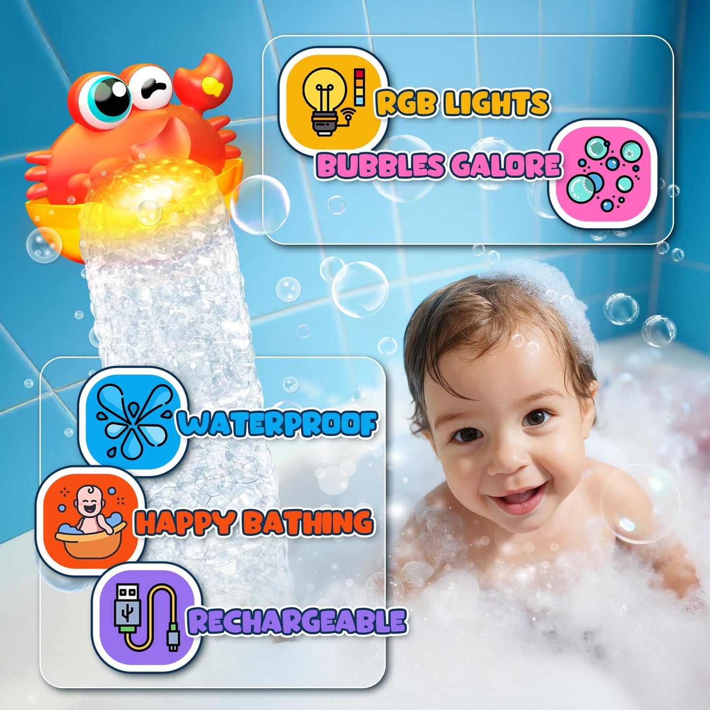Toyjolka Light-Up Crab Bubble Bath Toy for Toddlers 1-3 | Colorful LED Bath Time