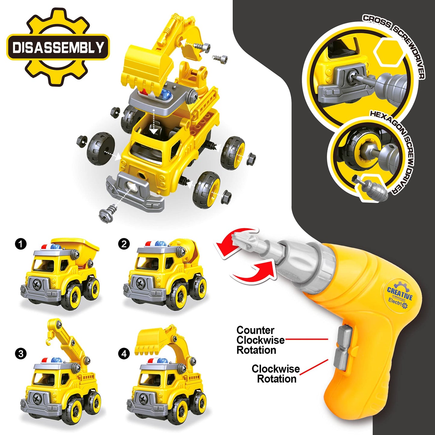 Toyk 4-in-1 Take Apart Car Toys – STEM Construction Truck Set for Ages 3–8