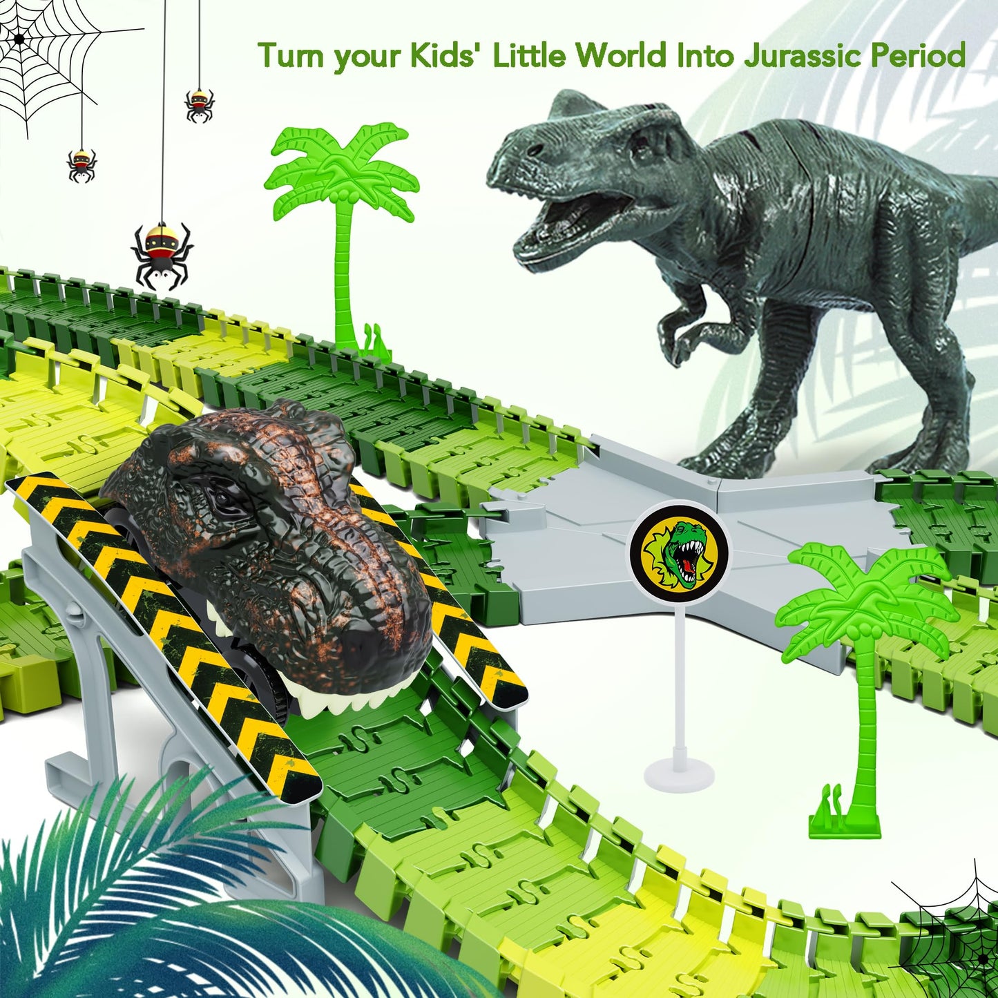 Toyk Dinosaur World Track Playset with 2 Dino Cars – Flexible Race Track for Kids 3-6