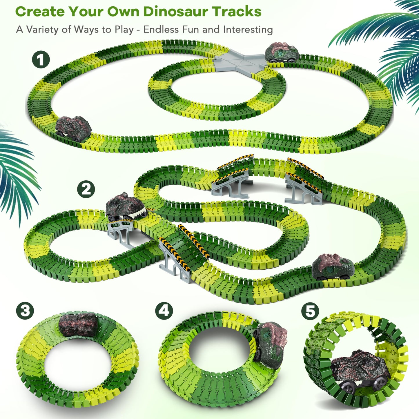 Toyk Dinosaur World Track Playset with 2 Dino Cars – Flexible Race Track for Kids 3-6