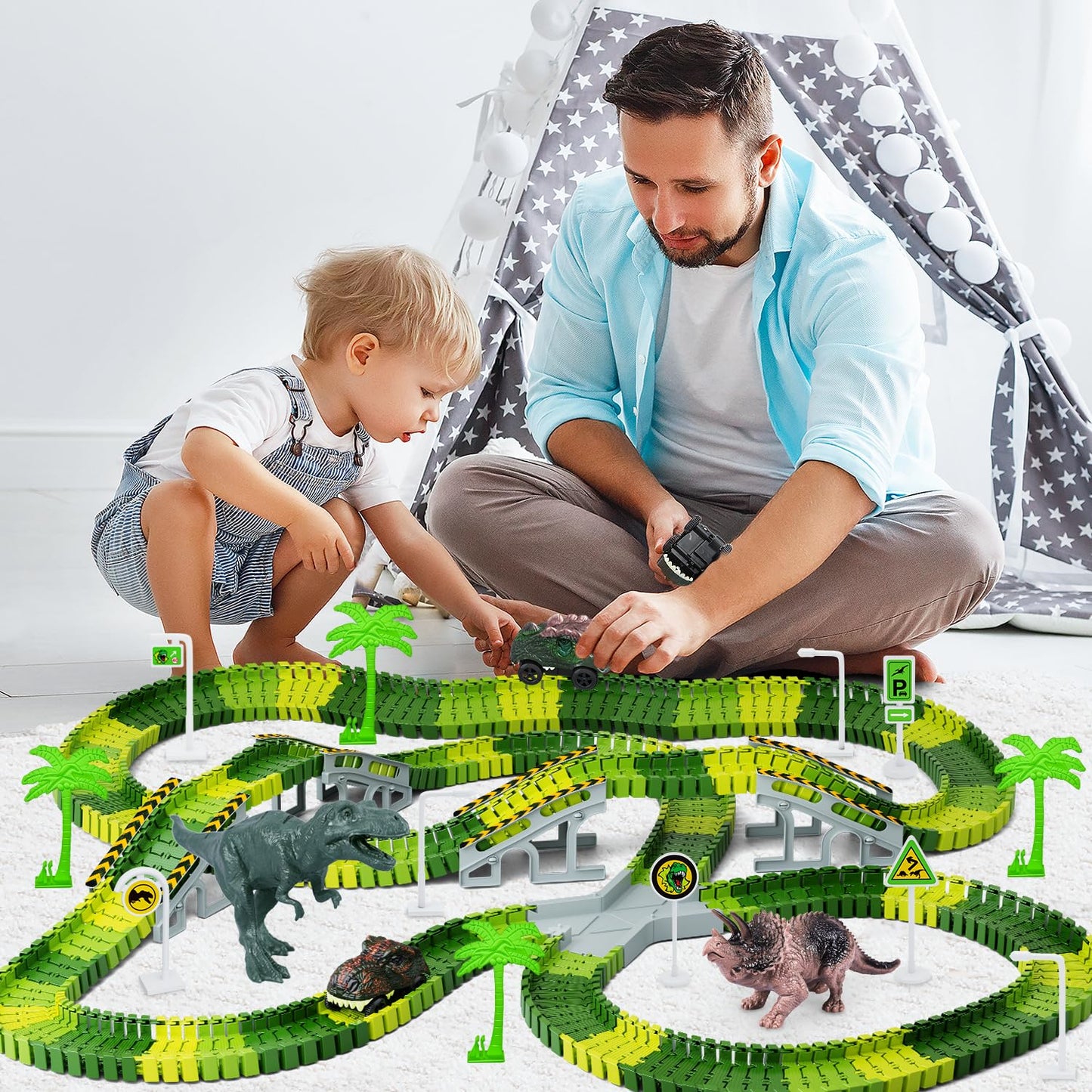 Toyk Dinosaur World Track Playset with 2 Dino Cars – Flexible Race Track for Kids 3-6