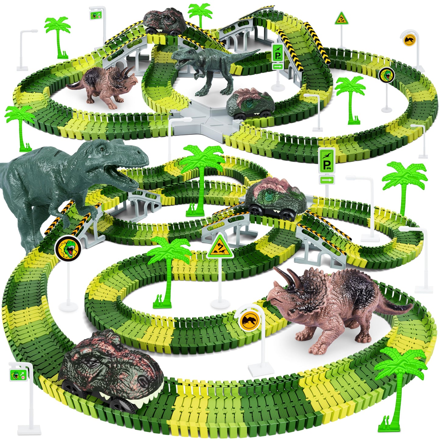 Toyk Dinosaur World Track Playset with 2 Dino Cars – Flexible Race Track for Kids 3-6