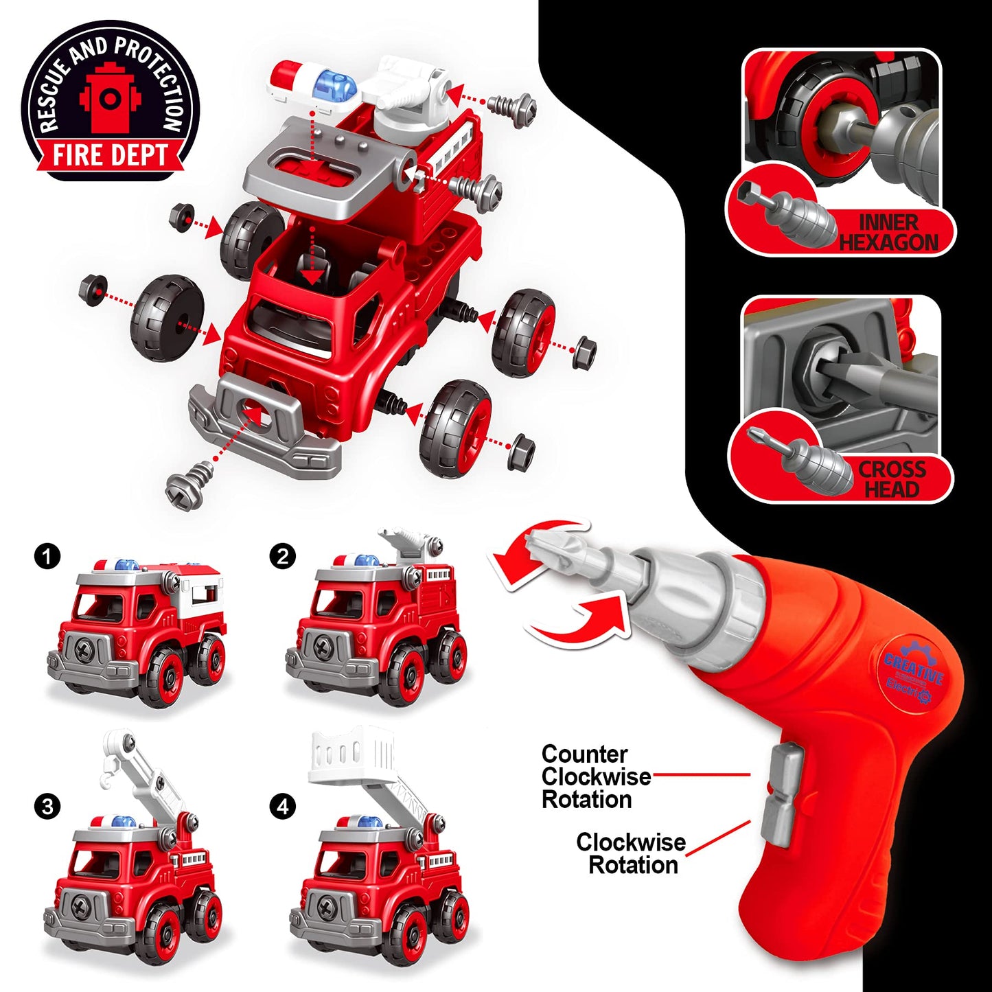 Toyk 4-in-1 Take Apart Trucks with Electric Drill - STEM Building Toys for Kids 3-8