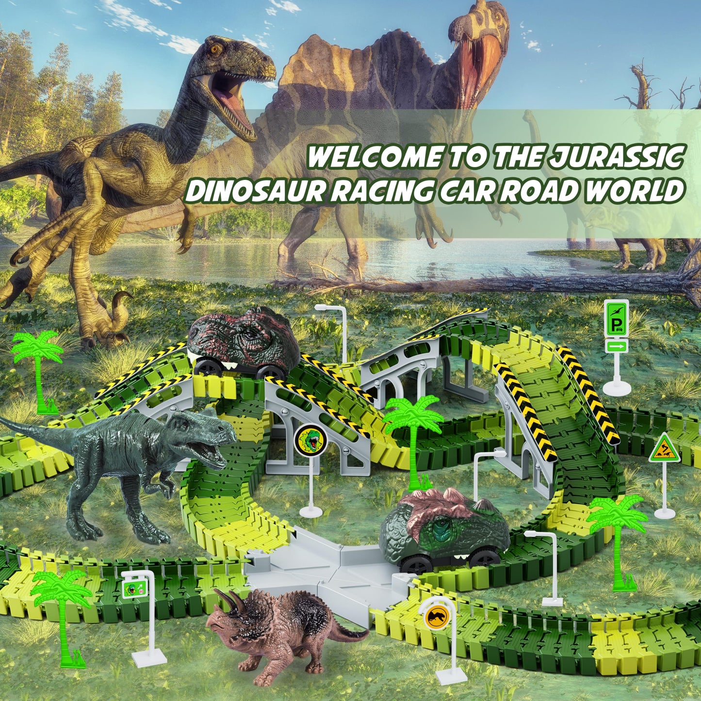 Toyk Dinosaur World Track Playset with 2 Dino Cars – Flexible Race Track for Kids 3-6
