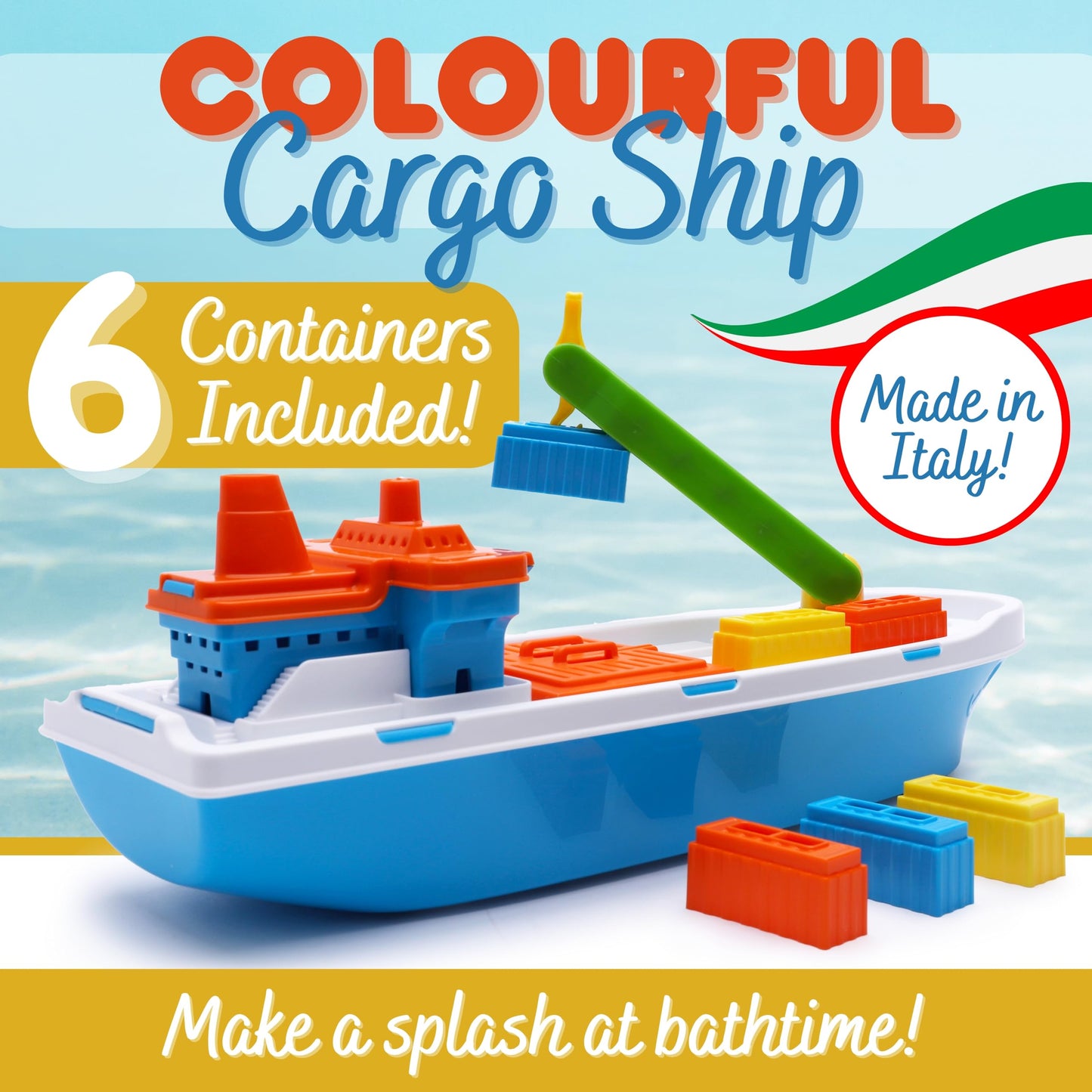 Toyland 41cm Colourful Cargo Ship with Moveable Doors & Crane – 6 Containers | Bath & Pool Toy 3+