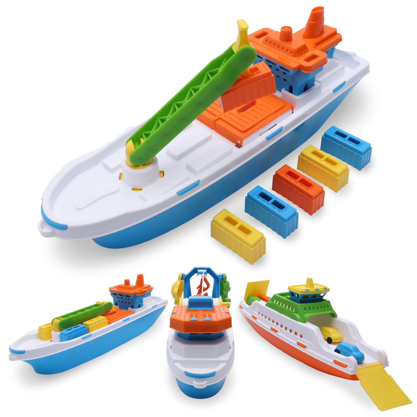 Toyland 41cm Colourful Cargo Ship with Moveable Doors & Crane – 6 Containers | Bath & Pool Toy 3+