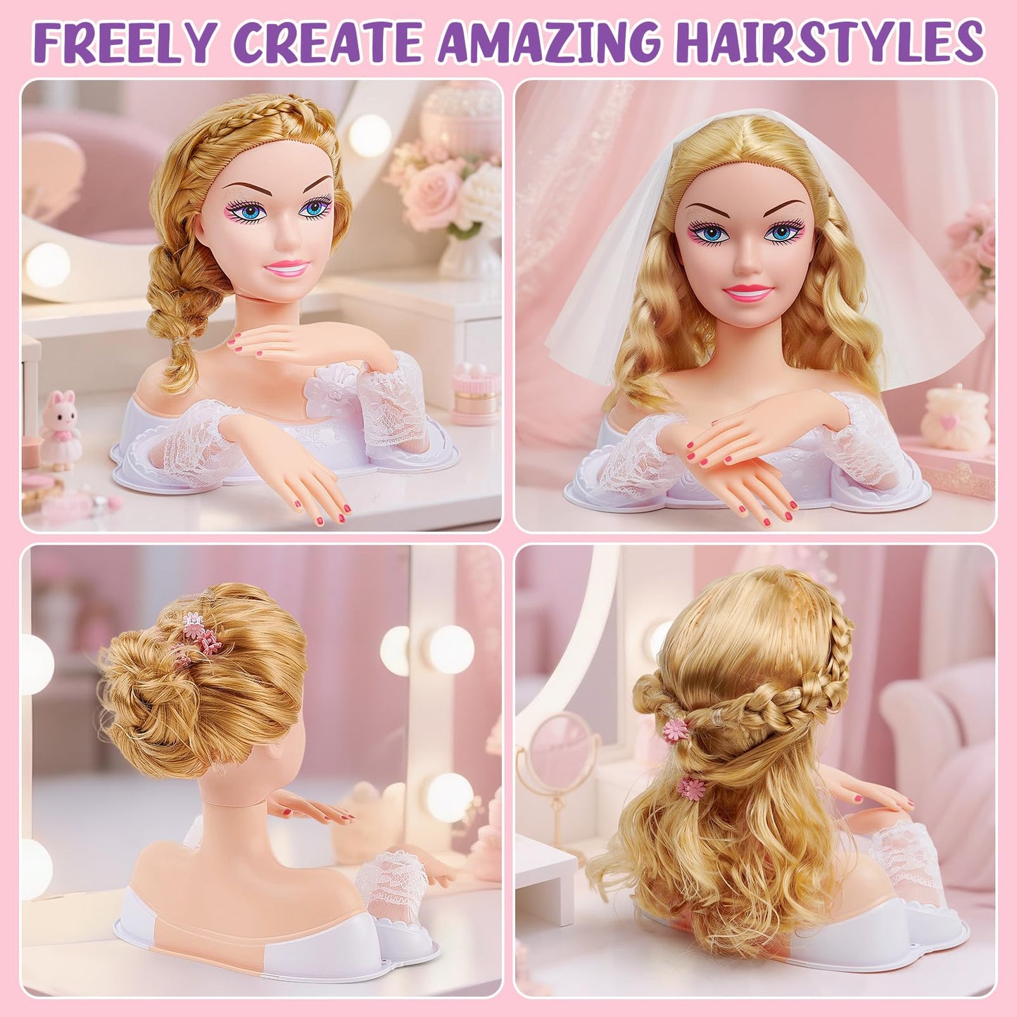 Toylink Doll Head Hair Styling Set for Kids – Bridal Veil, Hairdryer & Curling Iron