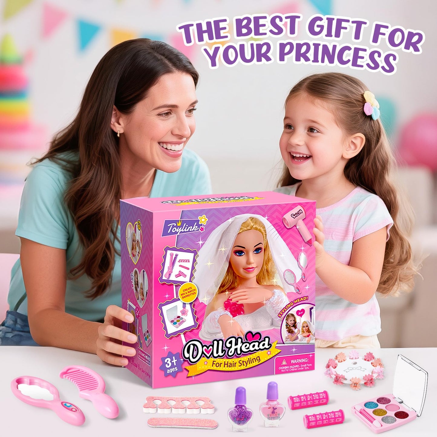 Toylink Doll Head Hair Styling Set for Kids – Bridal Veil, Hairdryer & Curling Iron